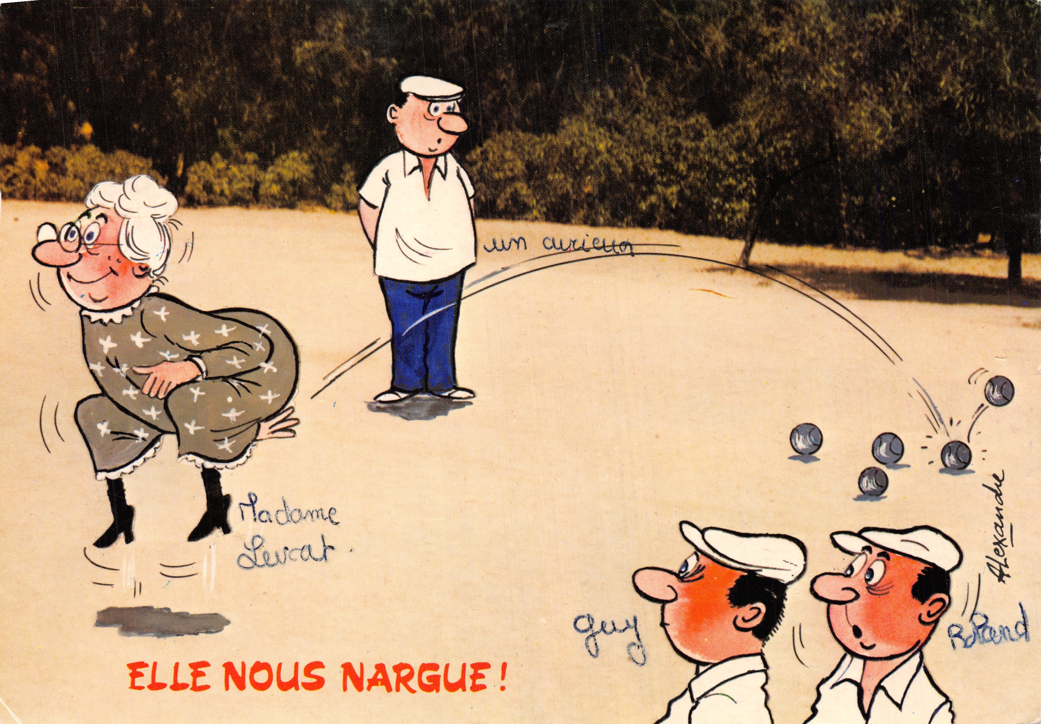 Madame Levcat — vista de una escena de pétanque — Éditions LYNNAIS