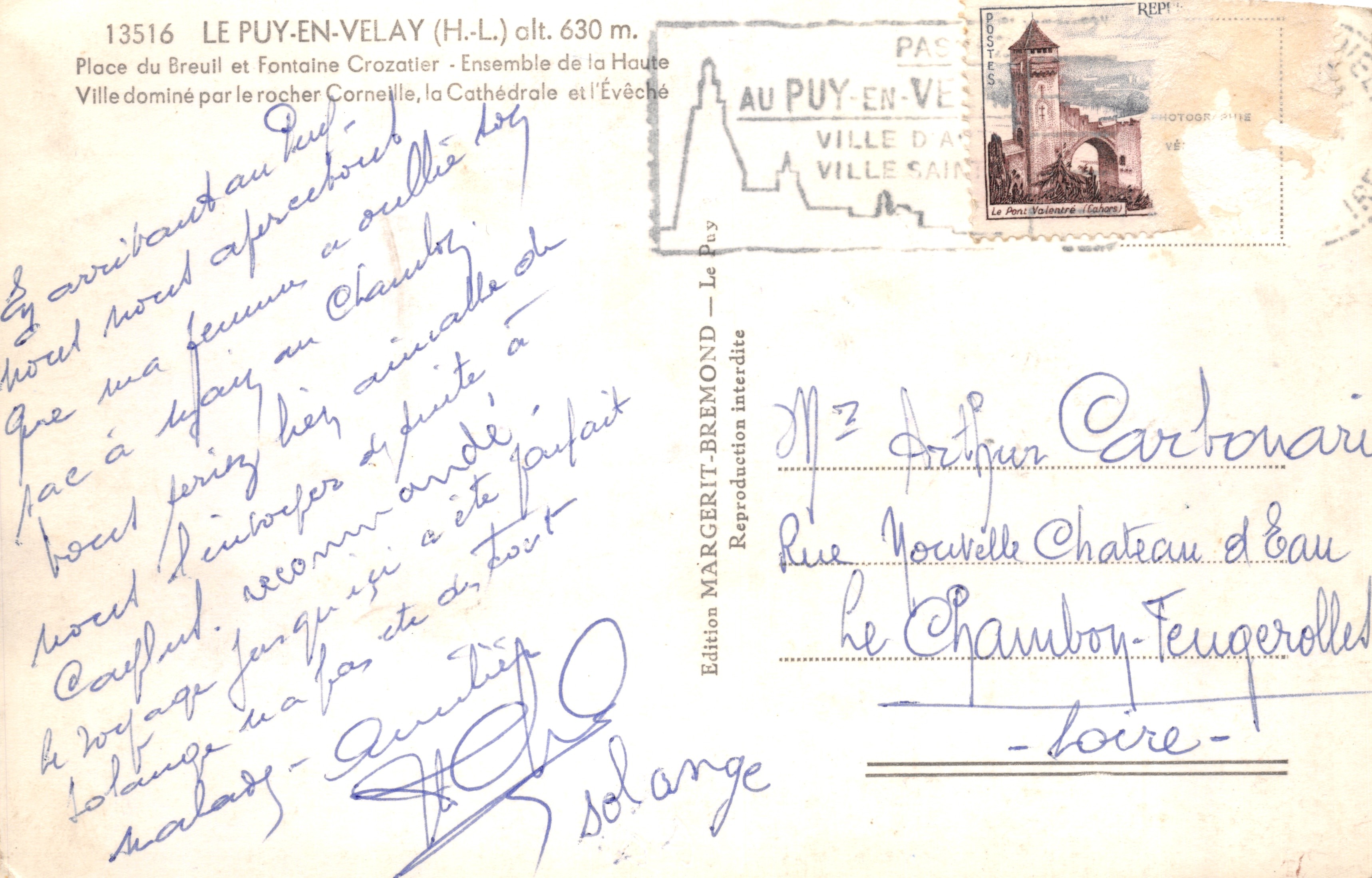 Le Puy-en-Velay — Place du Breuil y Fontaine Crozatier, dominada por el Rocher Cornelle y la Catedral — Edición MARGERIT-BREMOND — Reverso