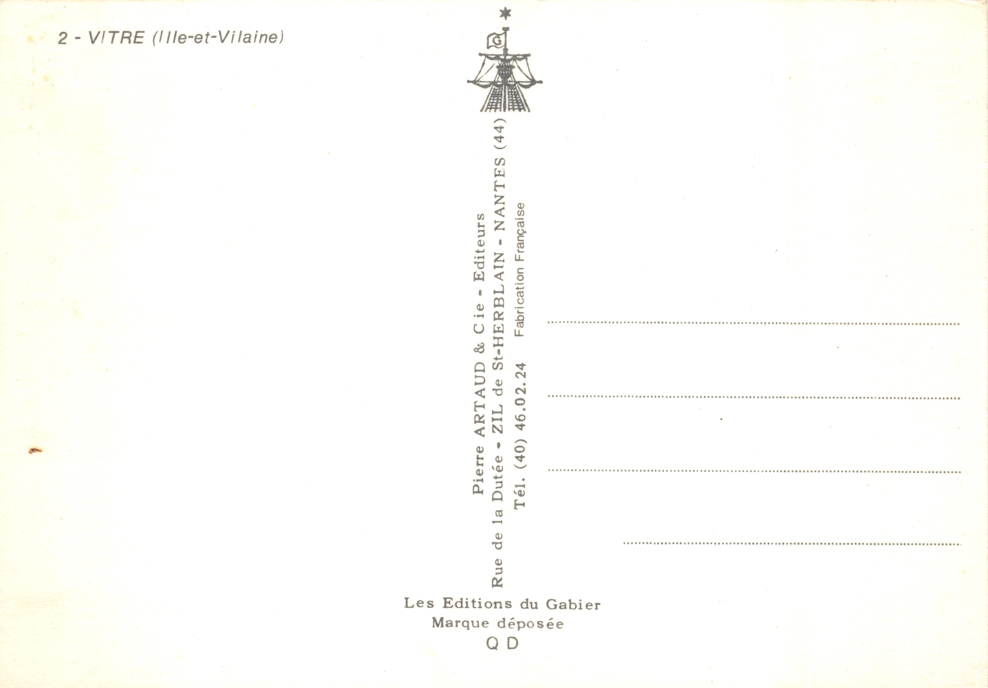 Vitré — Castello feudale, vie storiche e chiesa di Notre-Dame — Editore Pierre Artaud & Cie, Nantes — Verso