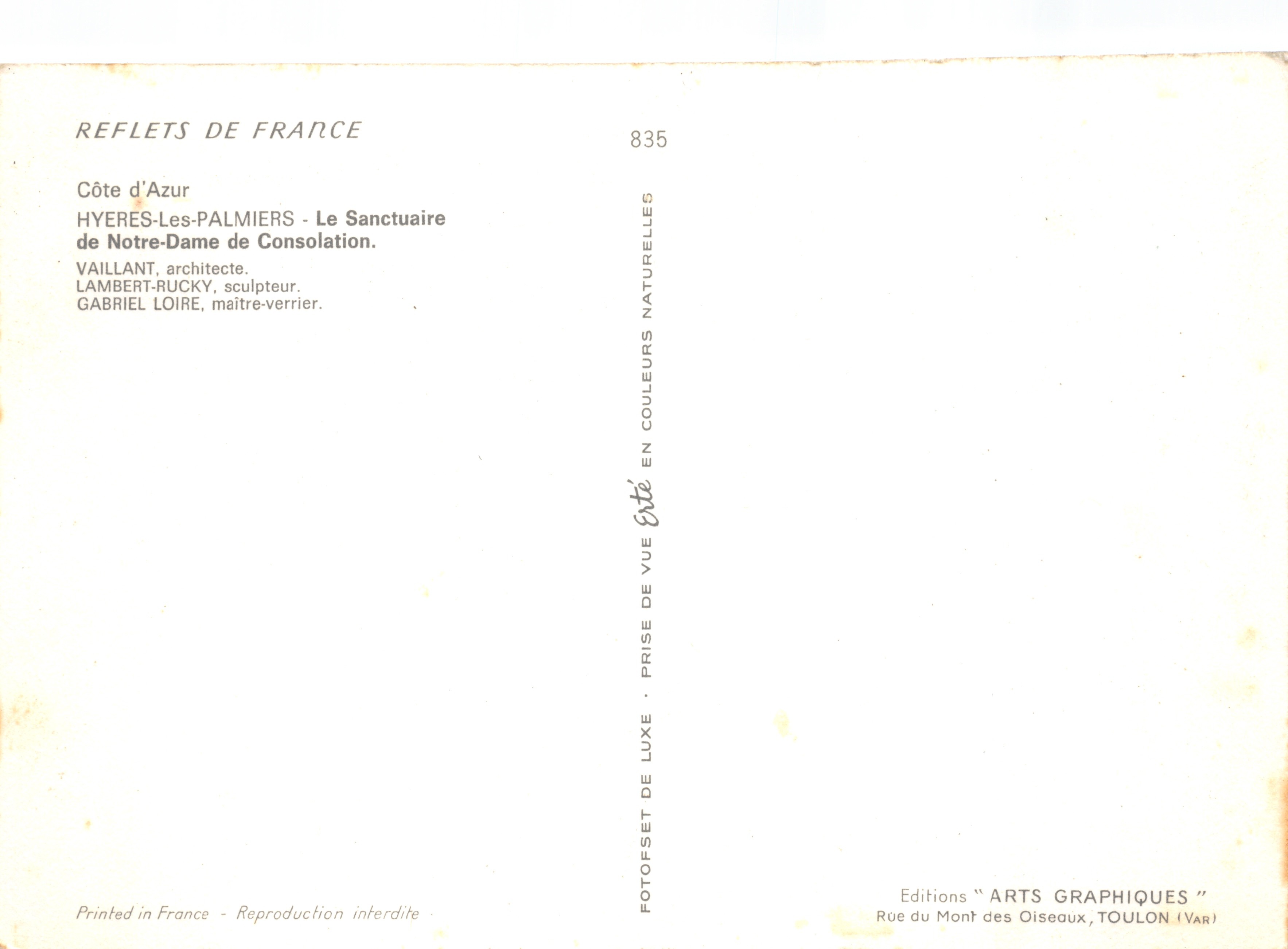 Hyrères-Les-Palmiers — Santuario di Notre-Dame de Consolation — Editore: Éditions Arts Graphiques, Toulon (Var) — Verso