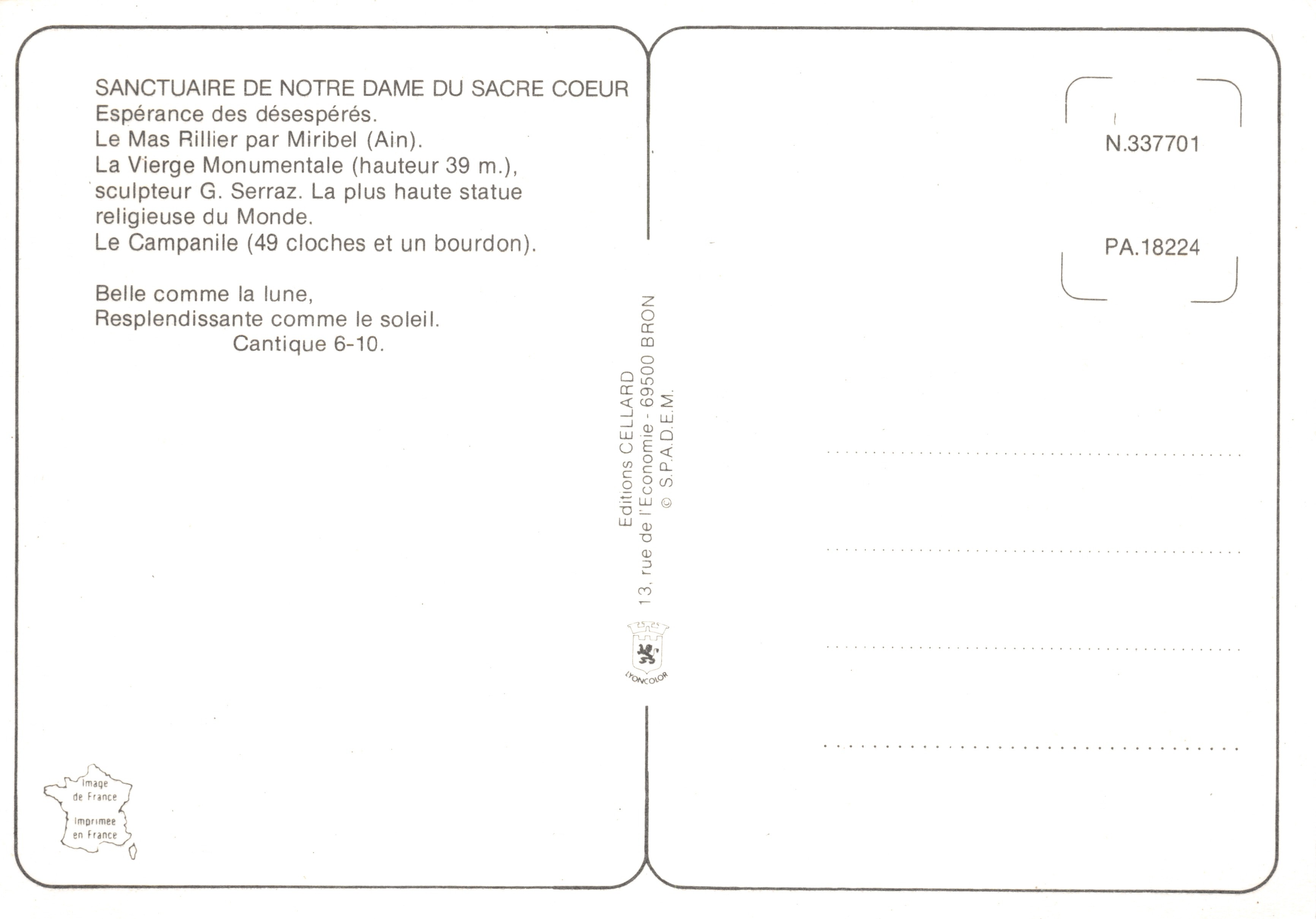 Le Mas Rillier — Kerk van Notre-Dame du Sacré-Cœur, verlichte monumentale beeld — Éditions Cellard, N.337701 — Achterkant