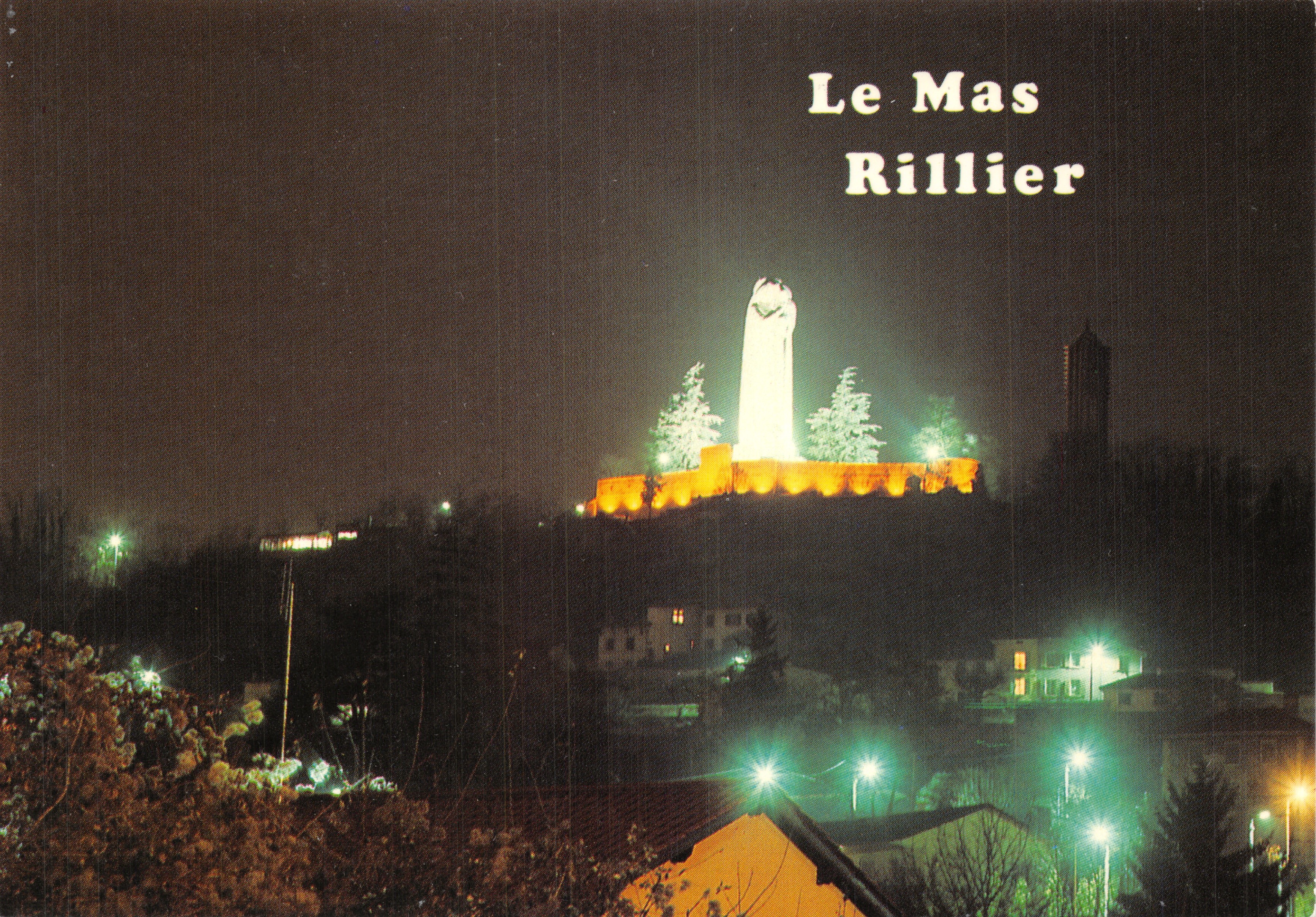 Le Mas Rillier — Sanctuaire Notre-Dame du Sacré-Cœur, statue monumentale illuminée la nuit — Éditions Cellard, Bron