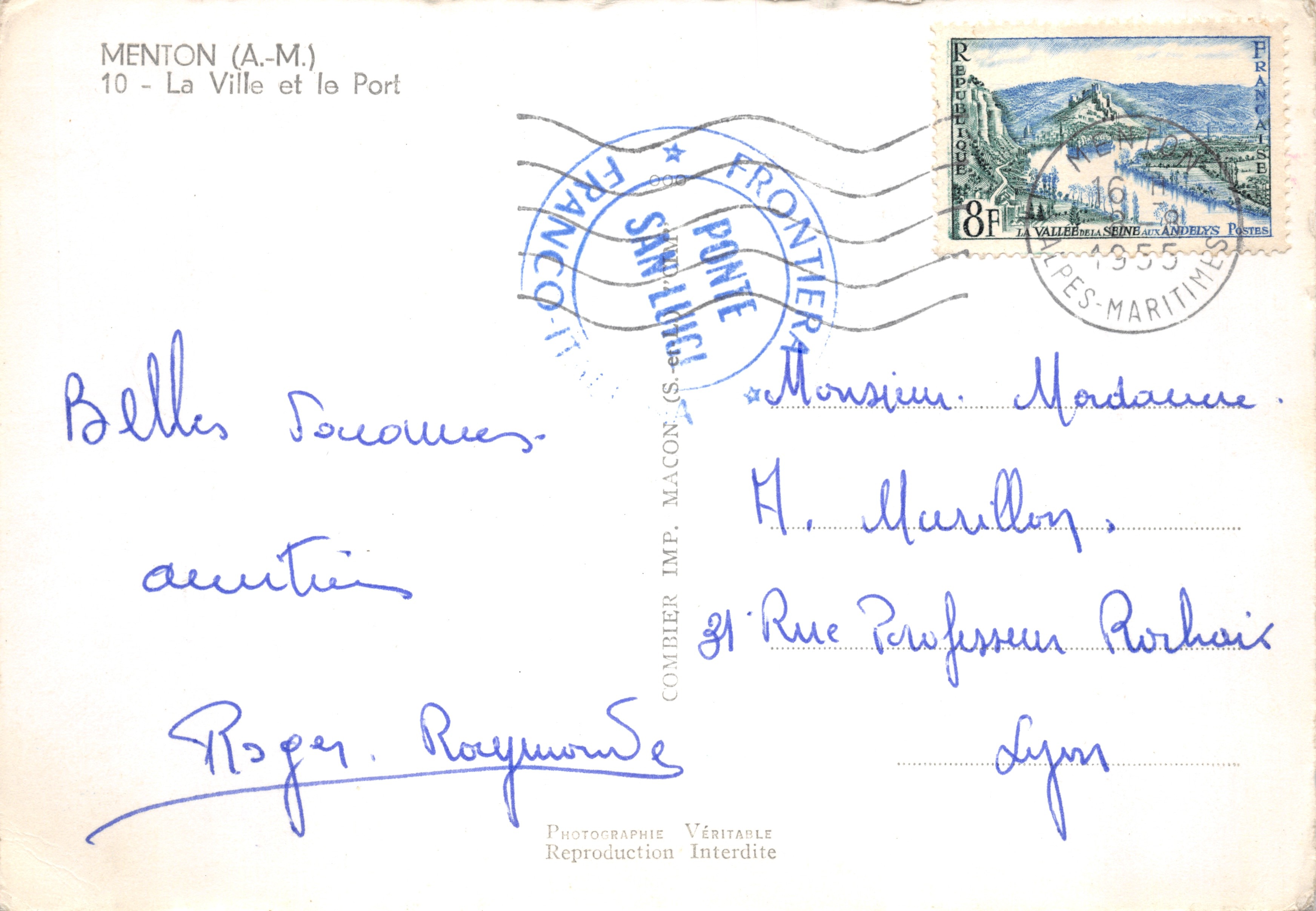 Menton (A.M.) — La Ville et le Port — IMPRIMERIE COMBIER — Reverso