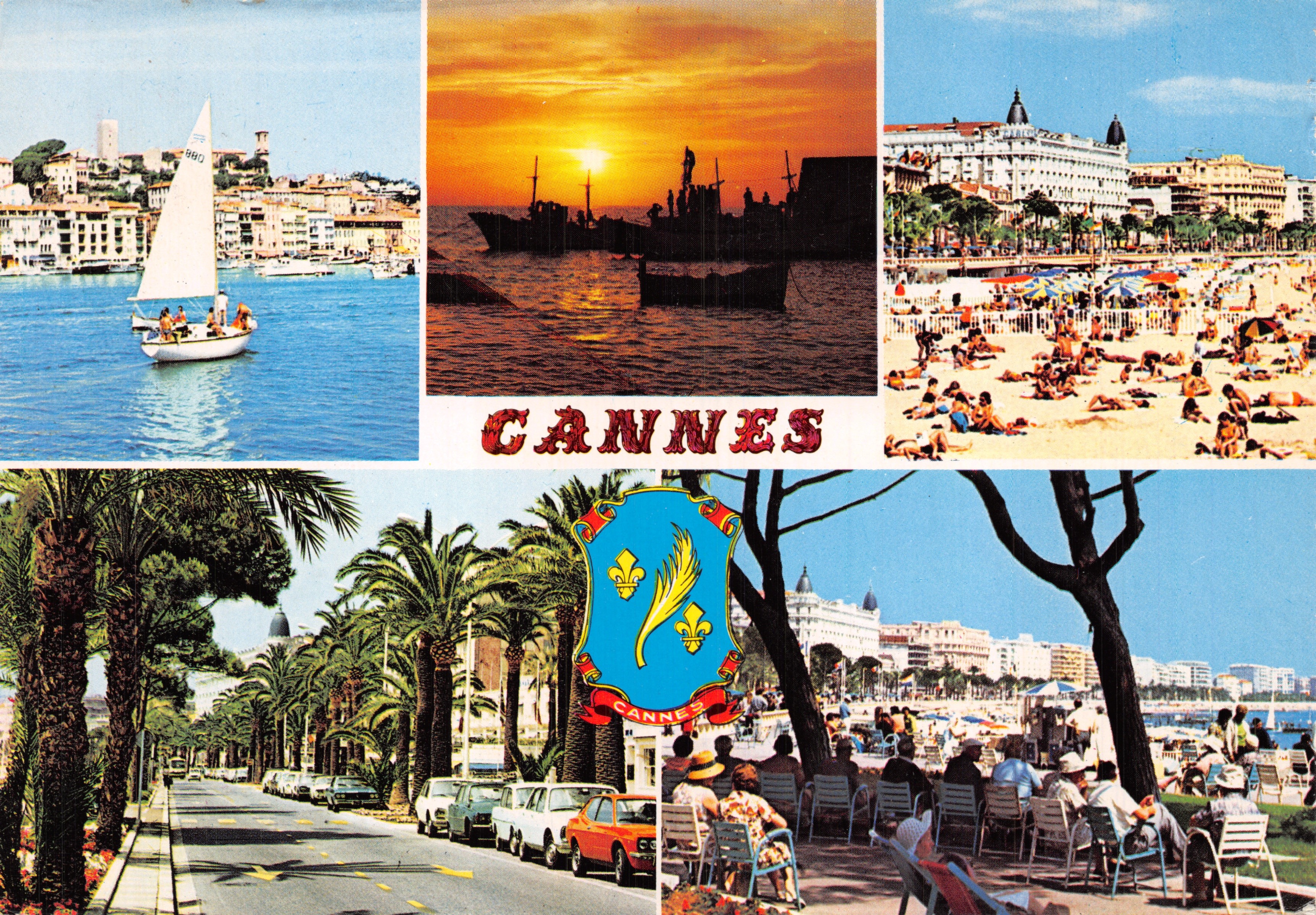 Cannes — vista panorámica con velo, atardecer, playa y avenue des palmiers — Impreso en la tarjeta