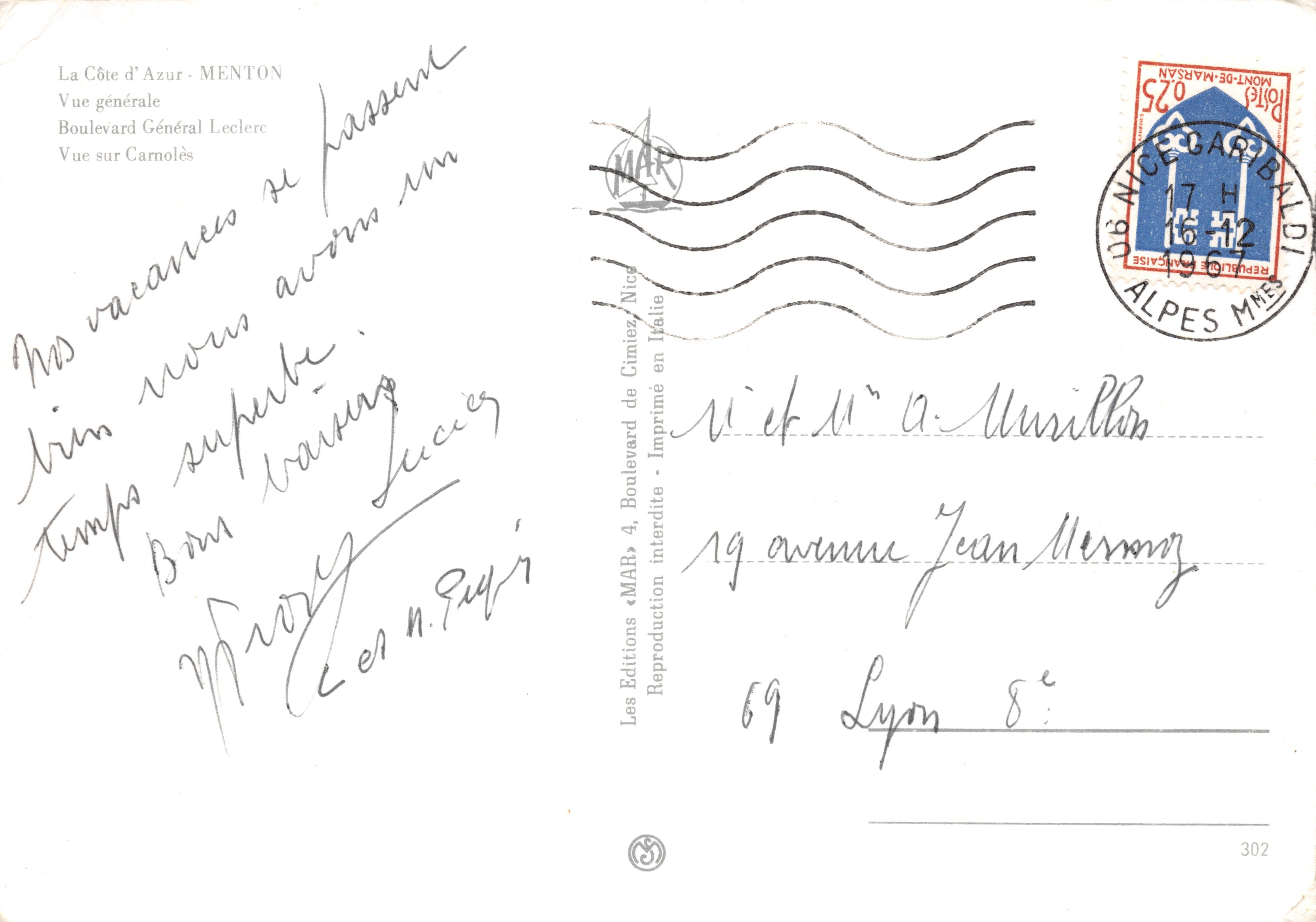 Menton — vue générale avec plage et montagnes — Les Éditions MAR, n°302 — Verso