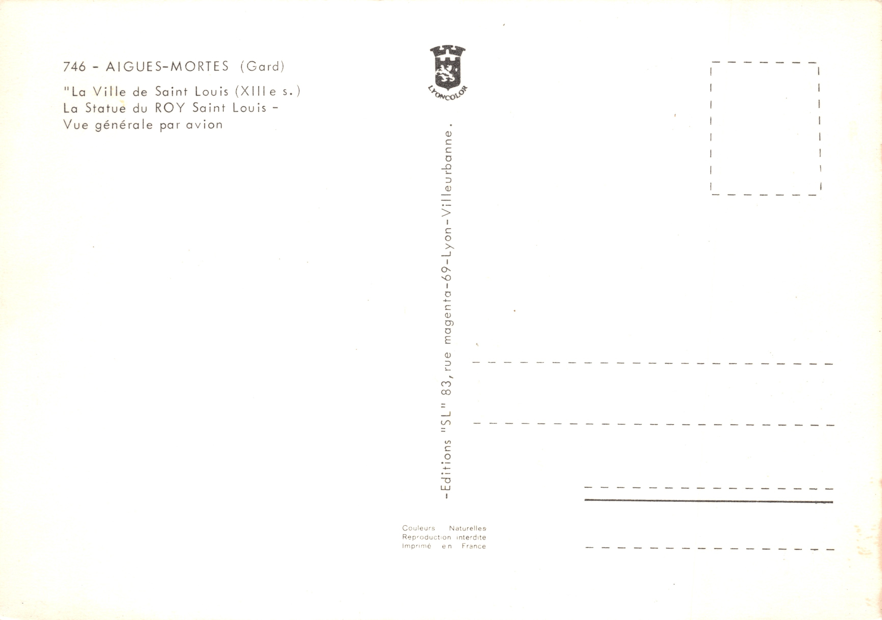 Aigues-Mortes — estatua de San Luis y vista aérea — Éditions Lyon-Villeurbanne — Reverso