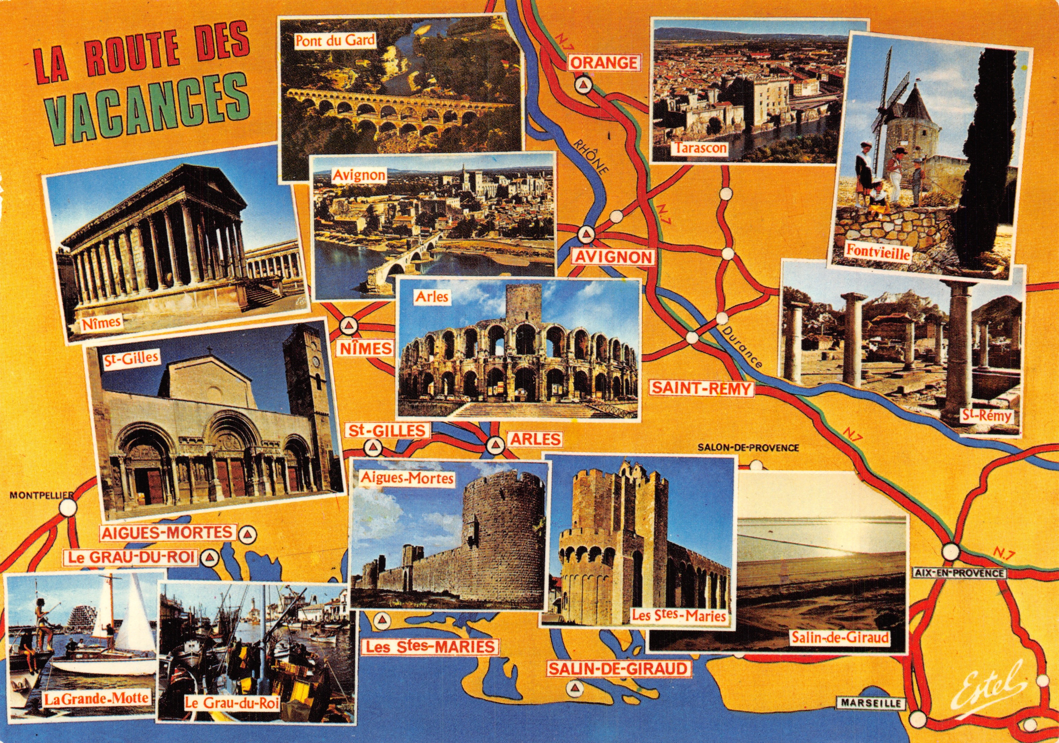 Die Urlaubsroute — touristische Ansichtskarte von Provence mit Blick auf den Pont du Gard, Nîmes, Arles und andere Sehenswürdigkeiten — Verlag ESTEL