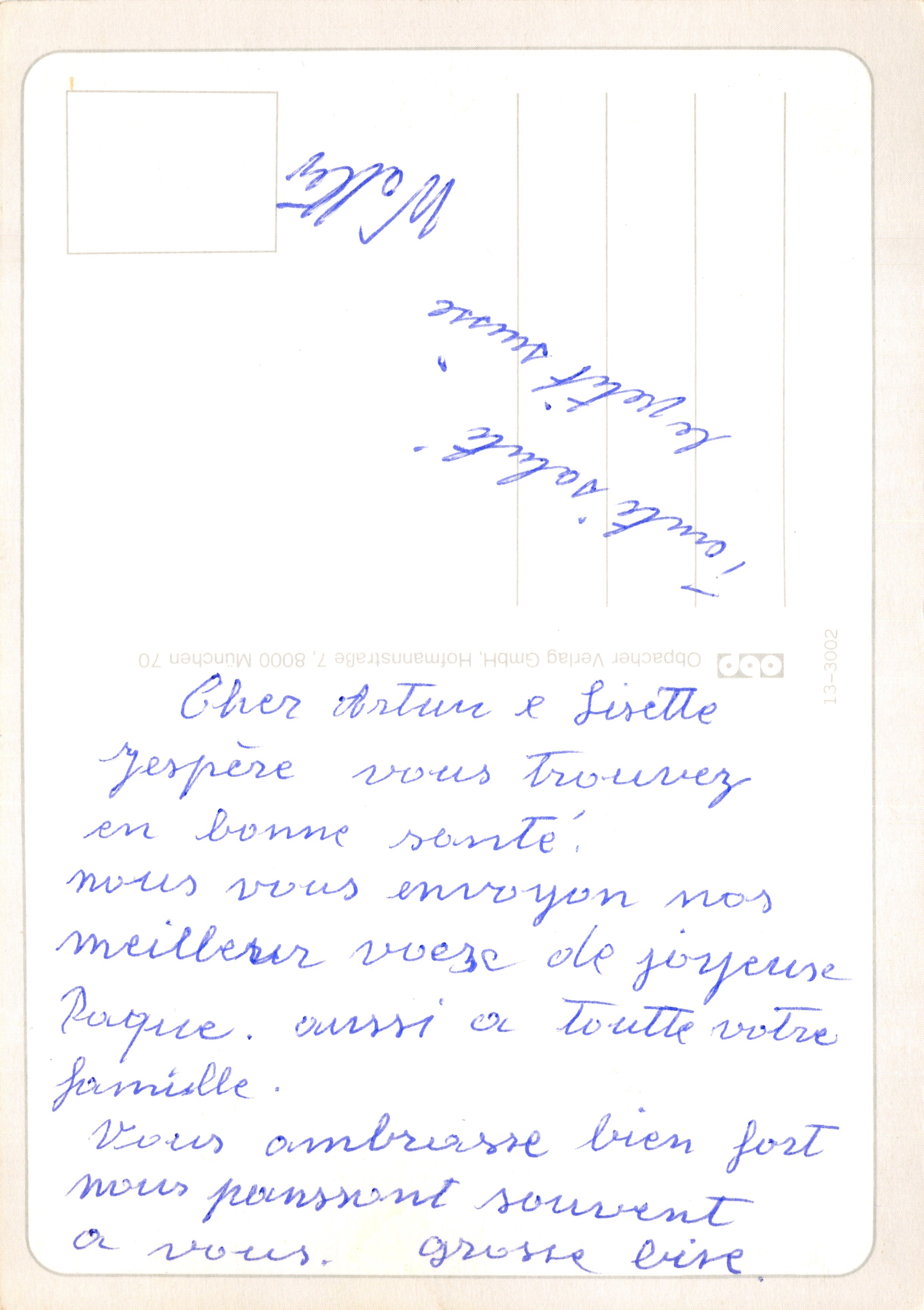 Feestelijke Pascheneieren — lentebeeld met hyacinten en anemonen — uitgever Oppacher Verlag GmbH, n° 13-3002 — Achterkant