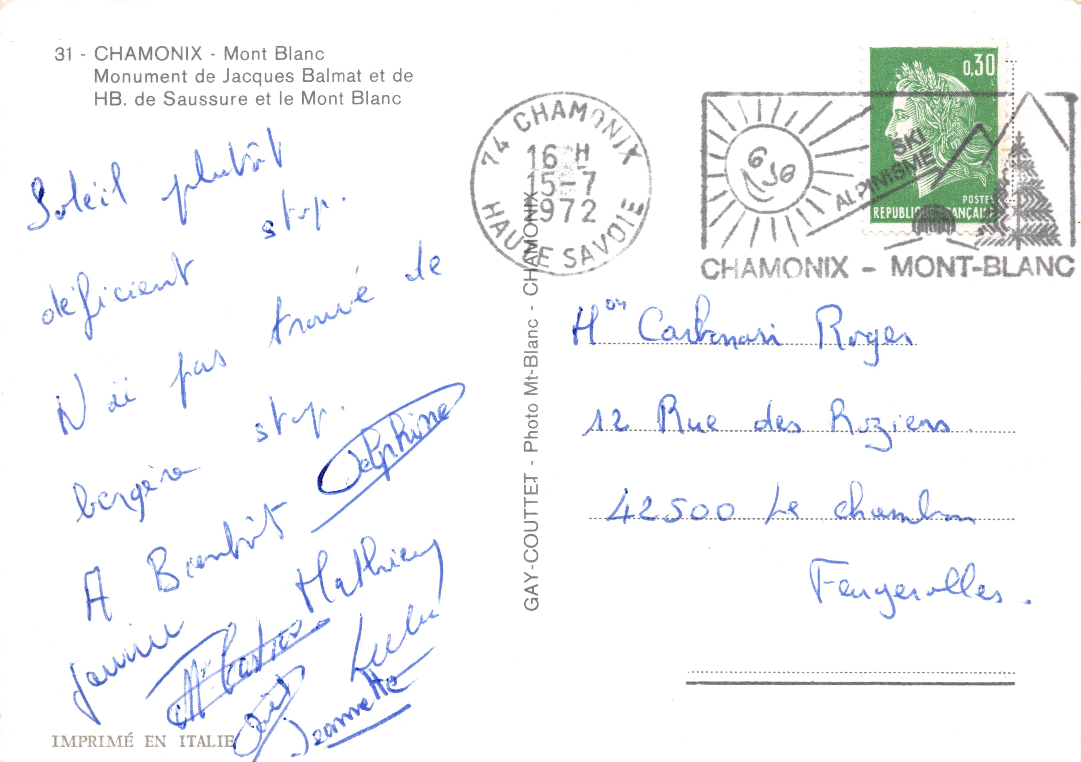 Chamonix - Monument de Jacques Balmat et du Mont Blanc — éditeur GAY-COUTTET, imprimé en Italie — Reverso