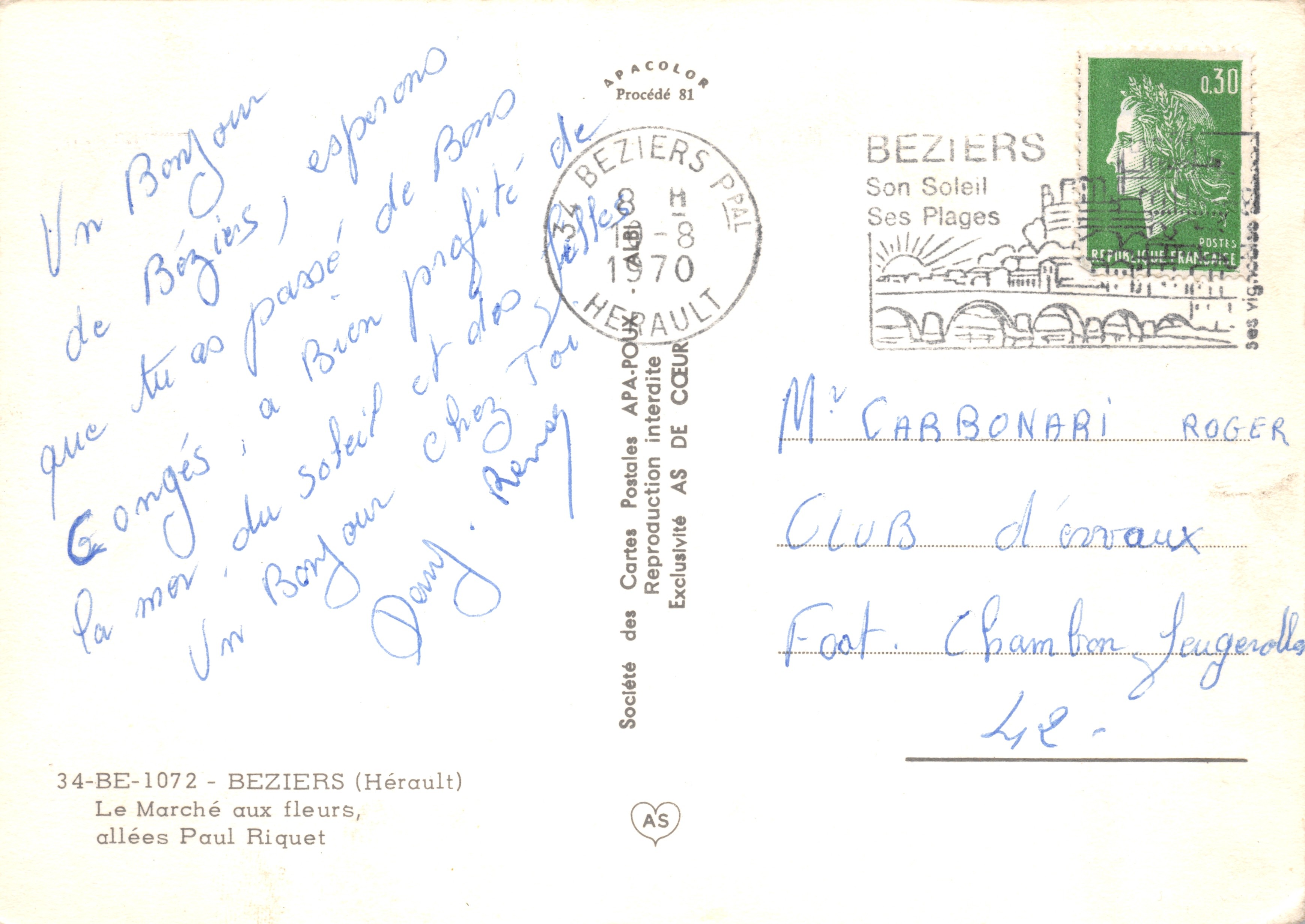 Marché aux fleurs — allées Paul Riquet — Société des Cartes Postales APA-POUR — Reverso
