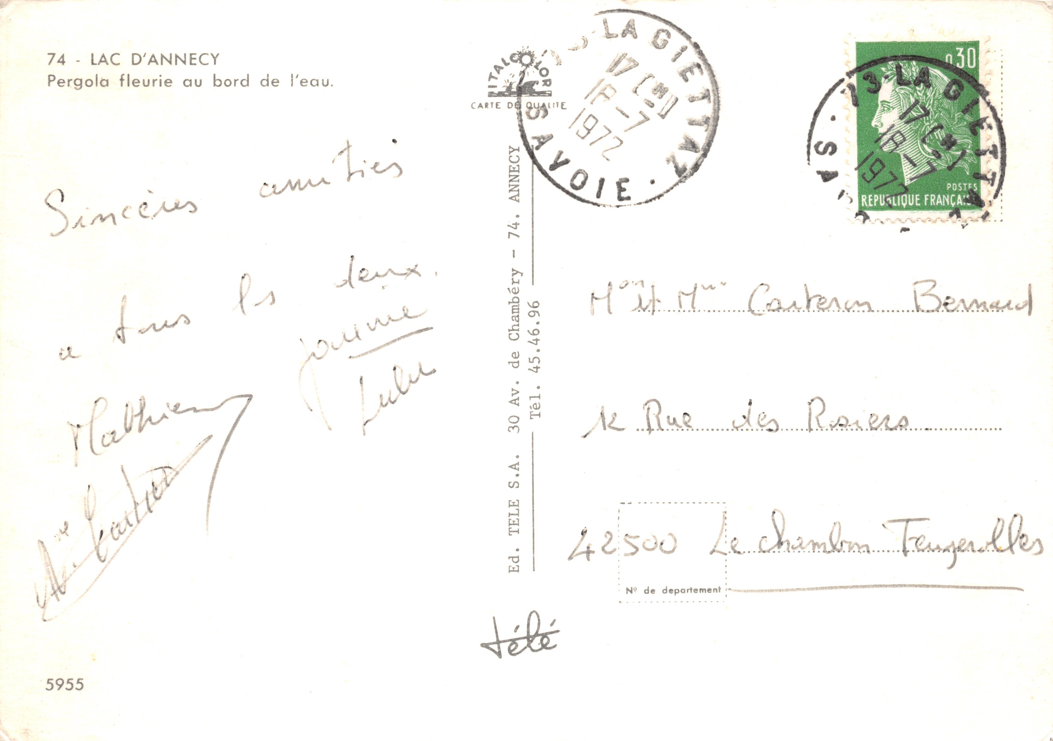 Lago d'Annecy — Pergola fiorita al bordo dell'acqua — Ed. TELE S.A. N° 5955 — Verso