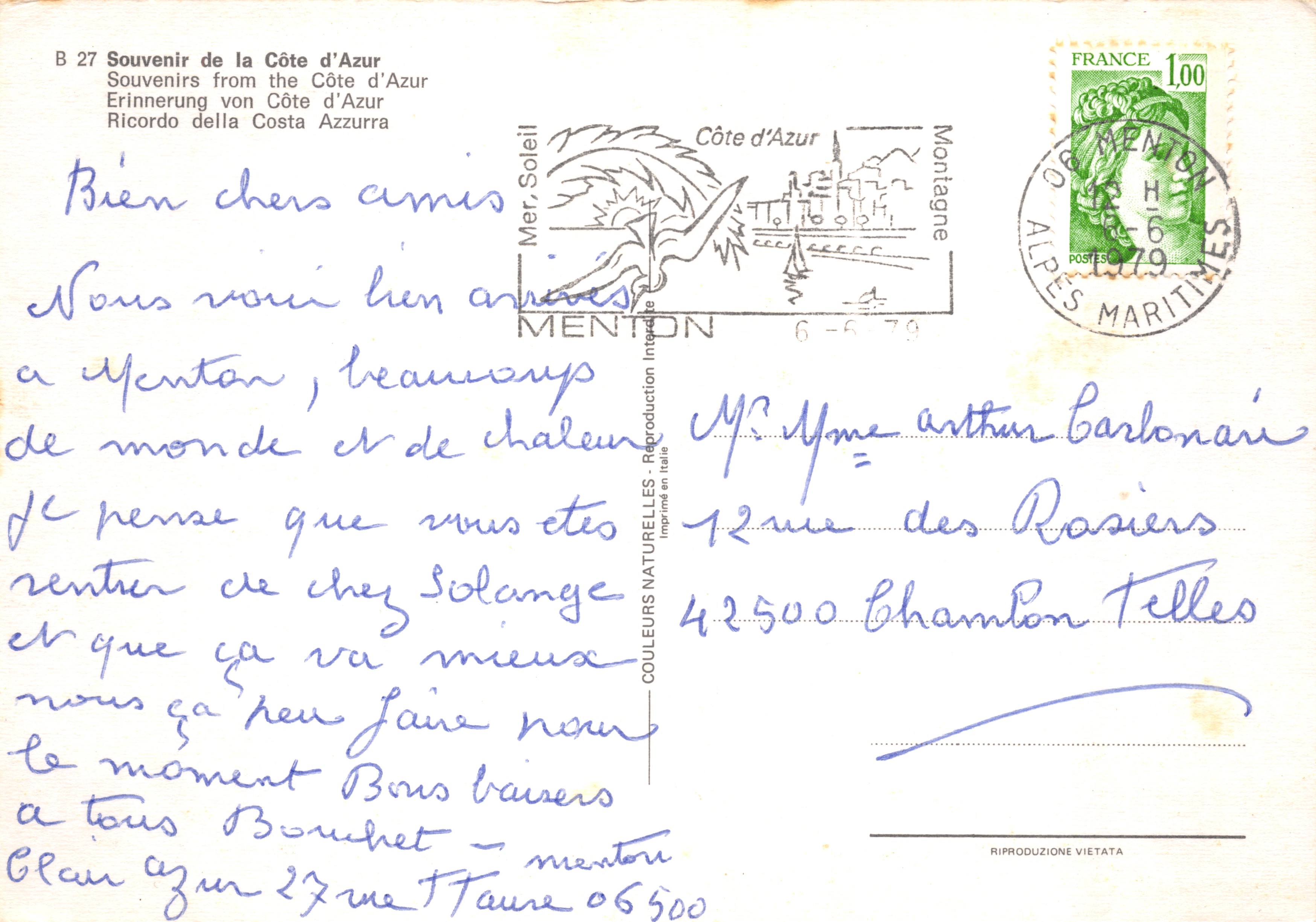 Souvenir of the French Riviera — panoramic view of Nice, Cannes, Monaco and Menton — publisher COULEURS NATURELLES, no. B 27 — Back