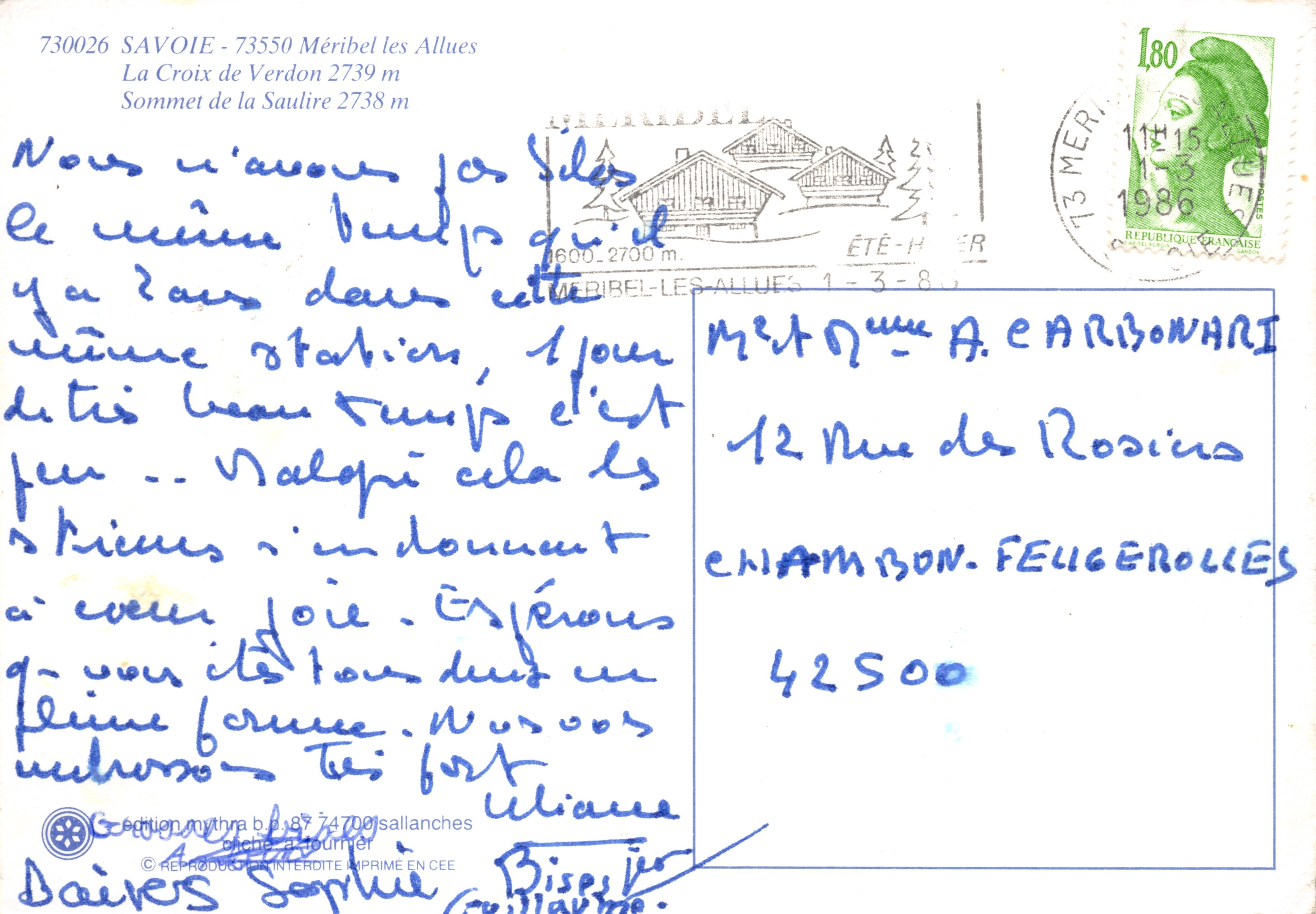 Méribel-les-Allues — vista del pico de la Saulire y de la La Croix de Verdon — edición Mythra — Reverso