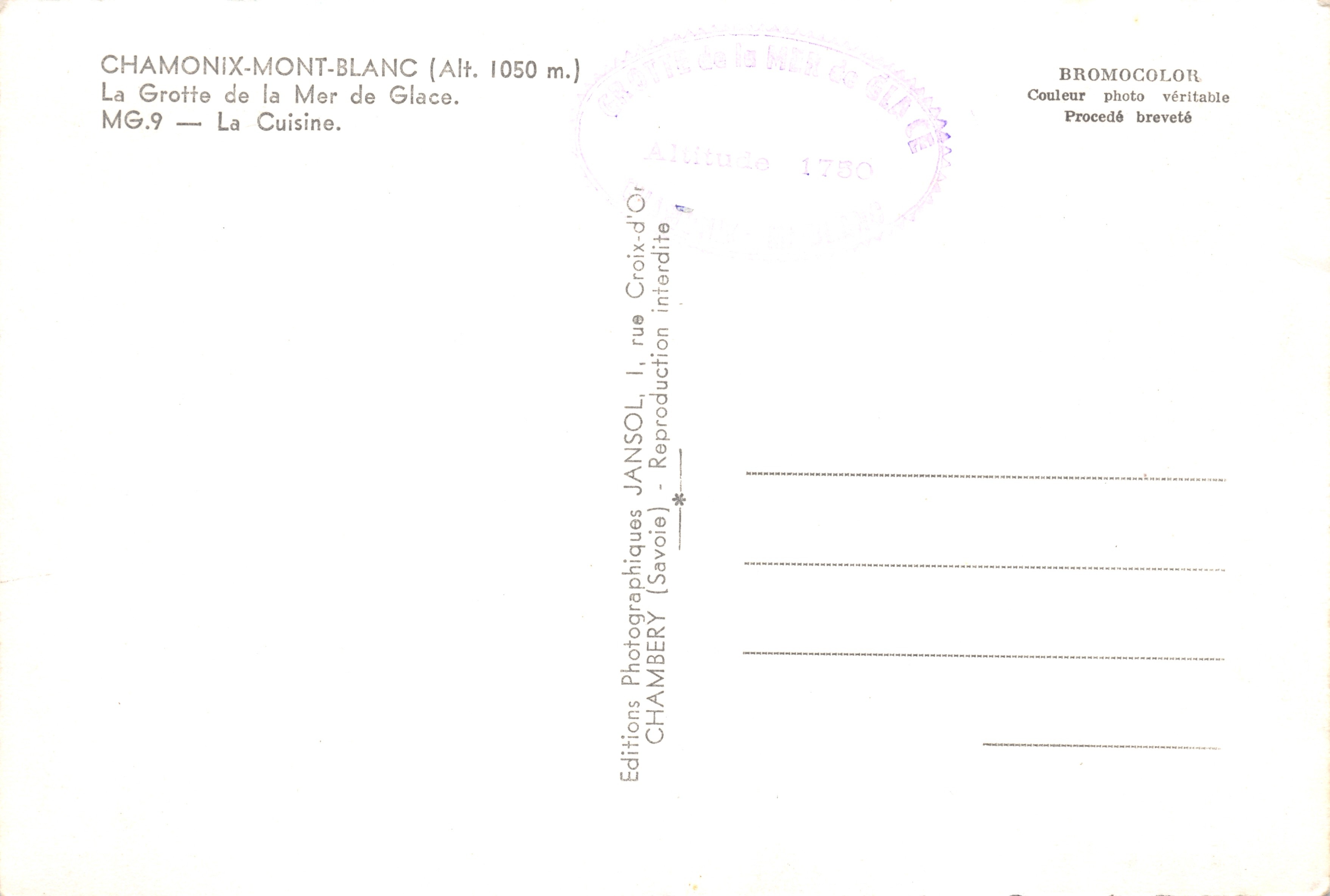 Chamonix-Mont-Blanc — La Grotte de la Mer de Glace, La Cuisine — Jansol, MG.9 — Reverso