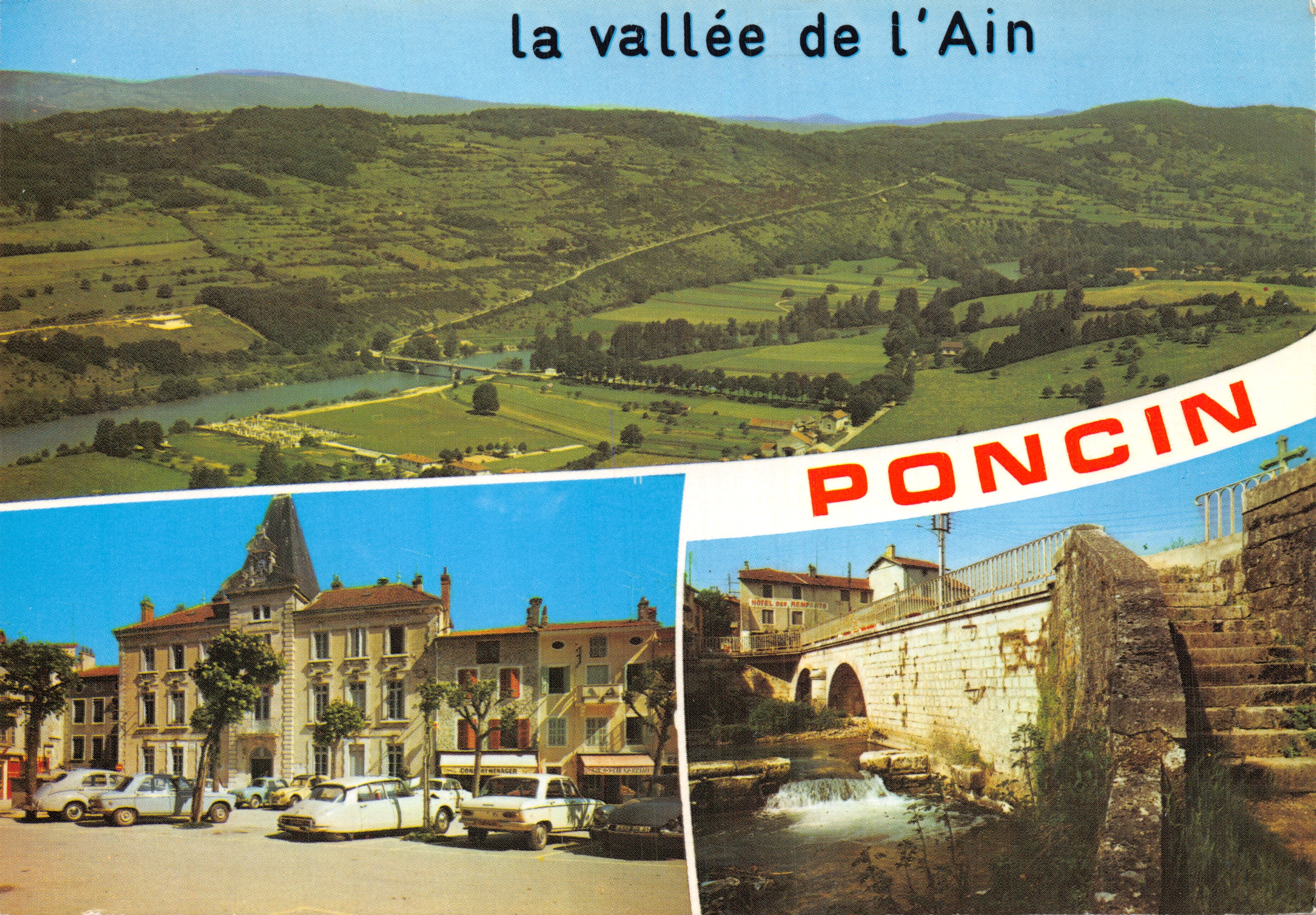 Poncincin — vista de la valle de la Ain con puente y plaza — Éditions J. Cellard