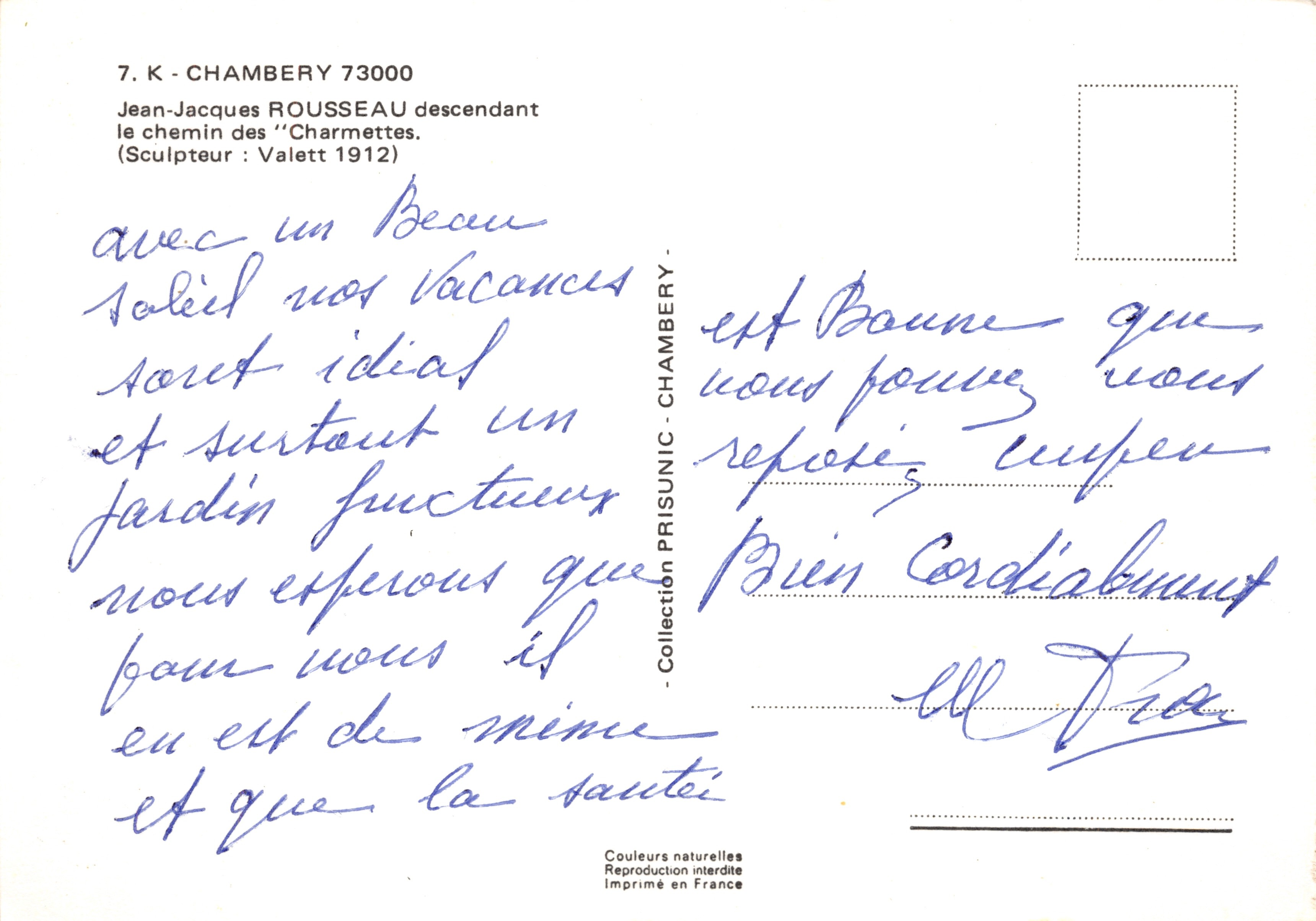 Jean-Jacques Rousseau descendiendo el camino de las Charmettes — estatua sobre base rocosa, editor PRISUNIC, n°7.K-CHAMBERY 73000 — Reverso