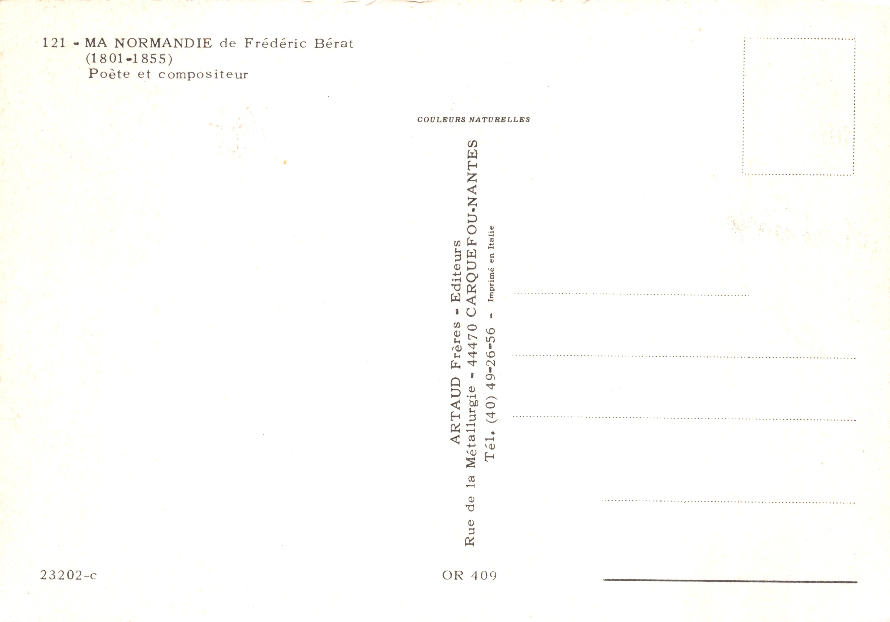 Mi Normandía — poema y música de Frédéric Bérat — editor ARTAUD Frères — Reverso