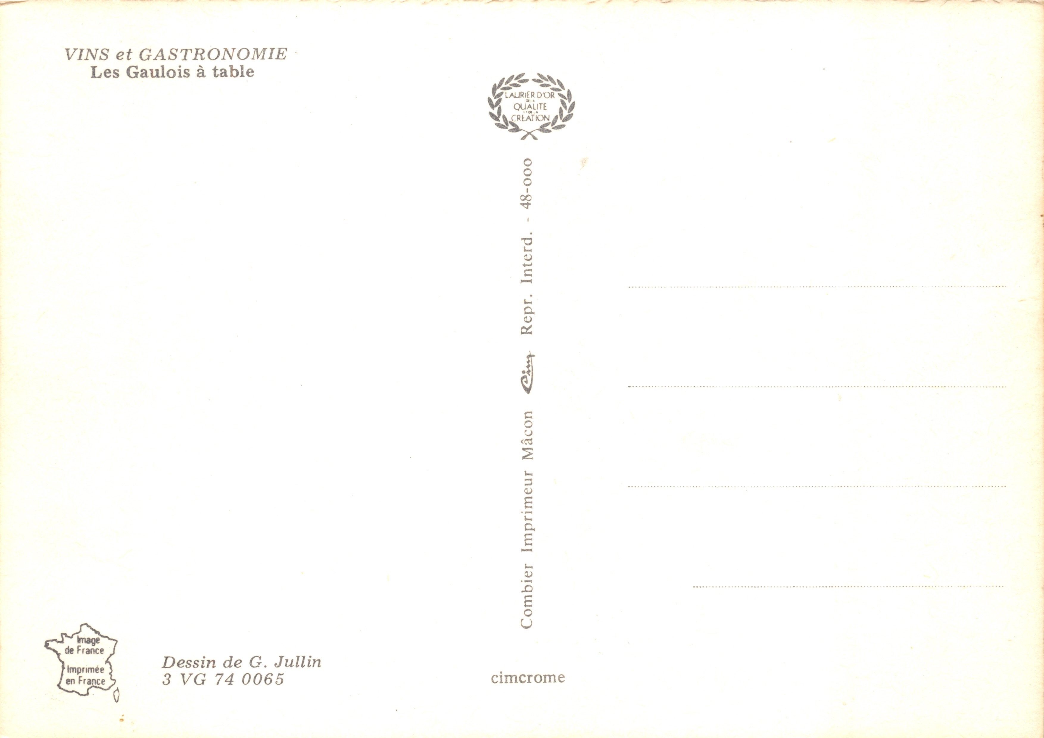 Mnisze przy stole — humorystyczna scena z nagością kobiety — rysunek G. Jullin, wydawca Imprimeur Combier, n° 3 VG 74 0065 — Rewers