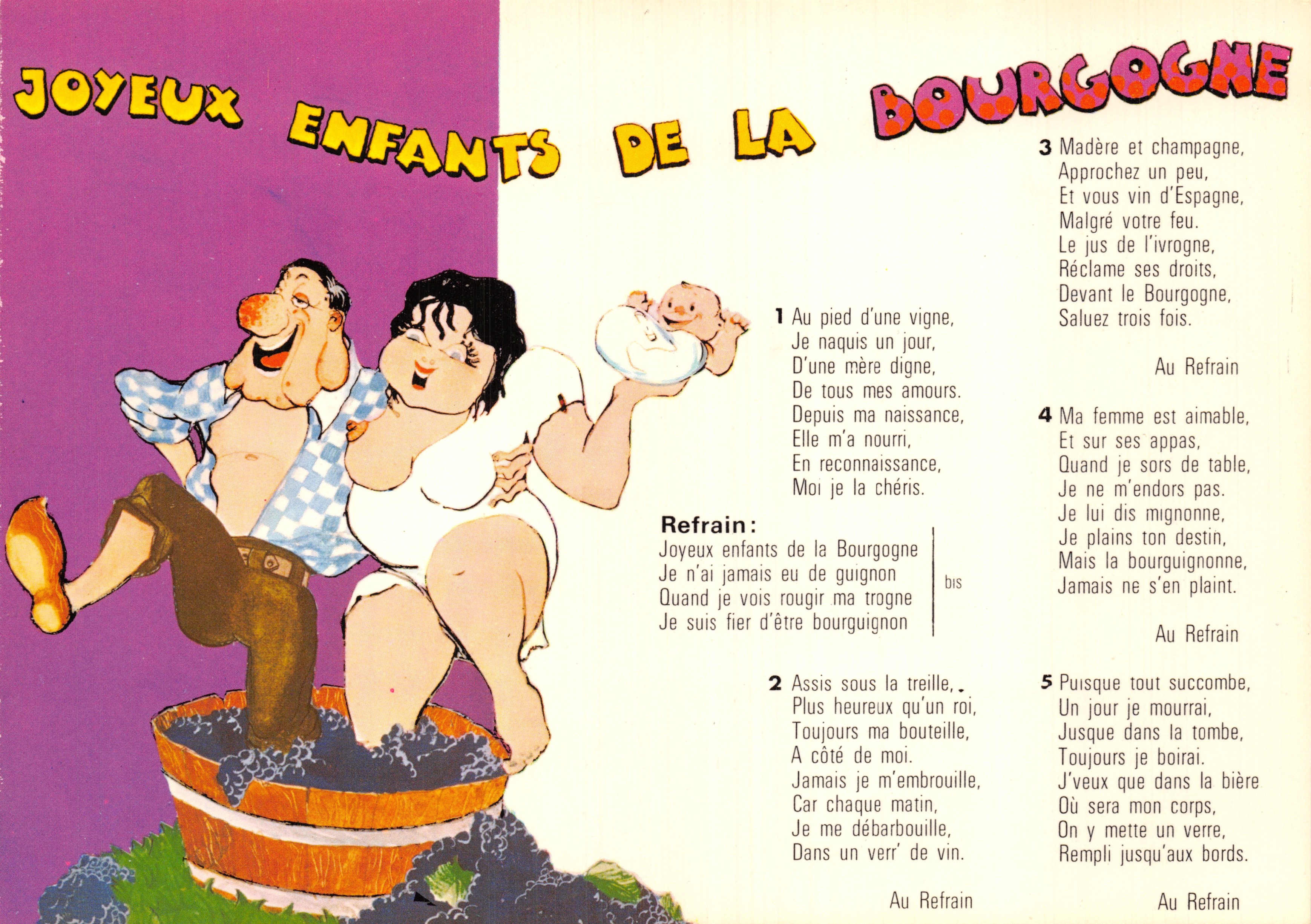 Niños felices de Borgoña — Escena de una pareja en un barril de vino — Dibujo de G. Jullin, Editor Combier Imprimeur Mâcon