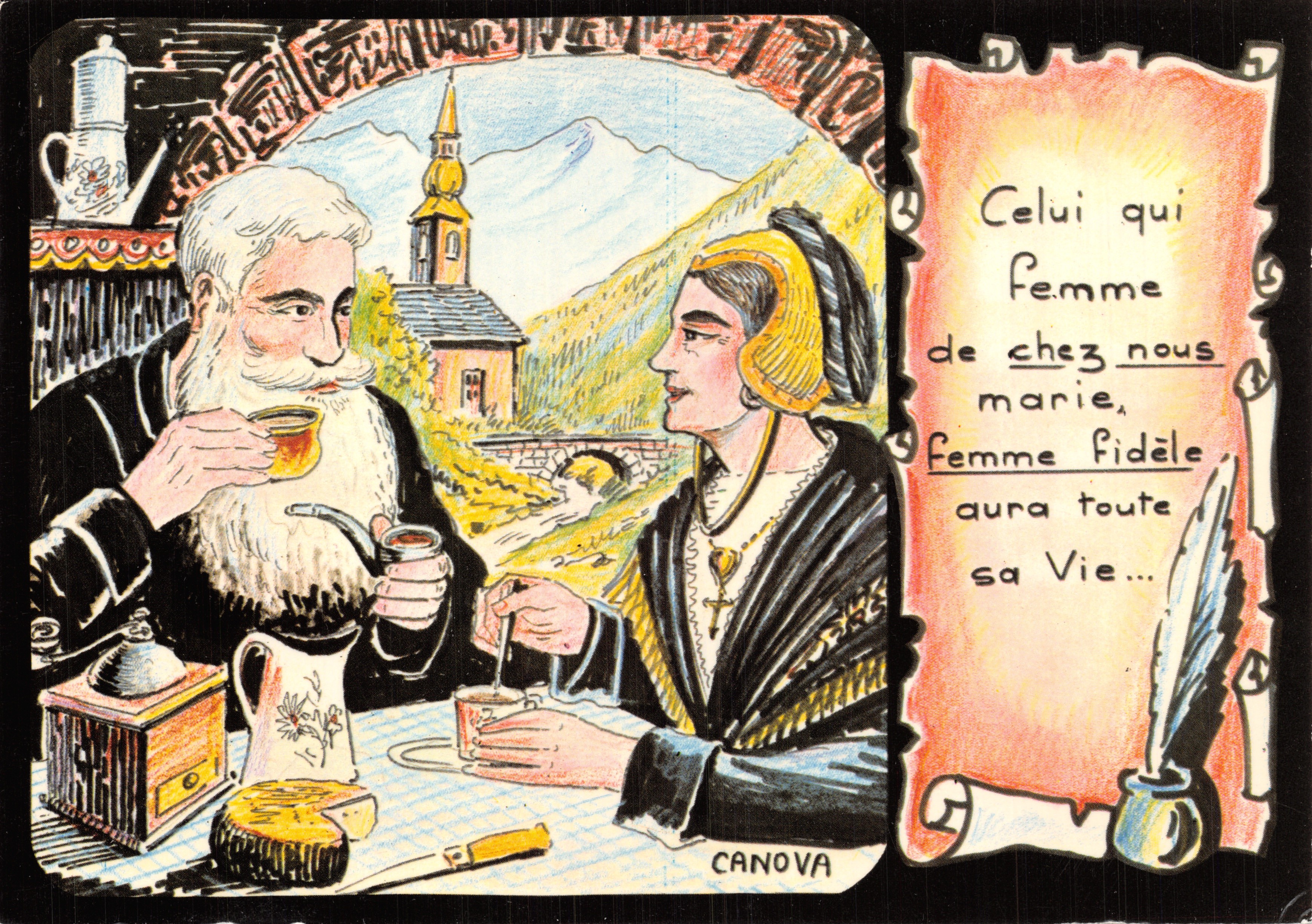 Una coppia al caffè — scena montana con chiesa — editore CANOVA