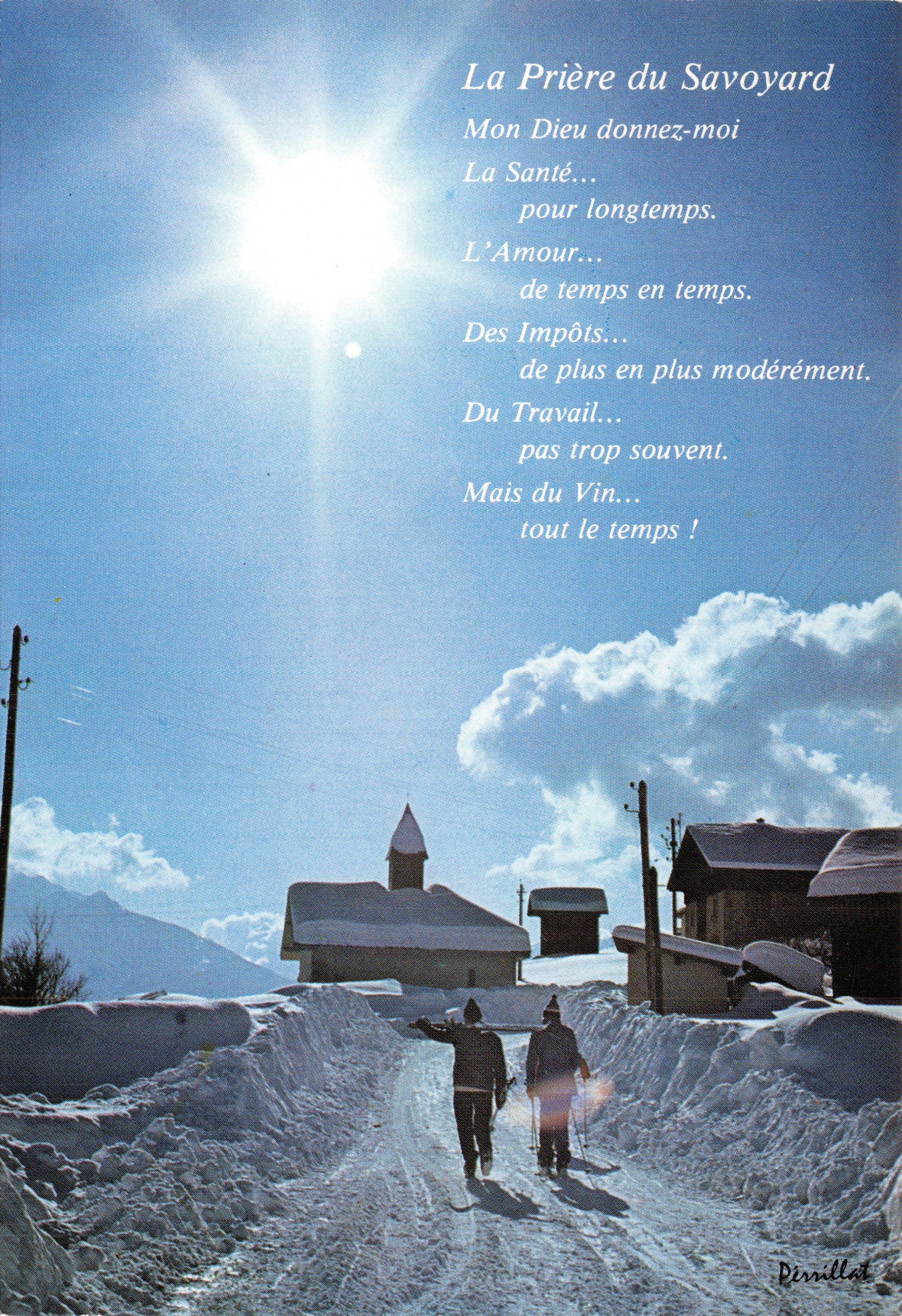 La Prière du Savoyard — scène de village enneigé avec deux skieurs — éditeur PERRILLAT