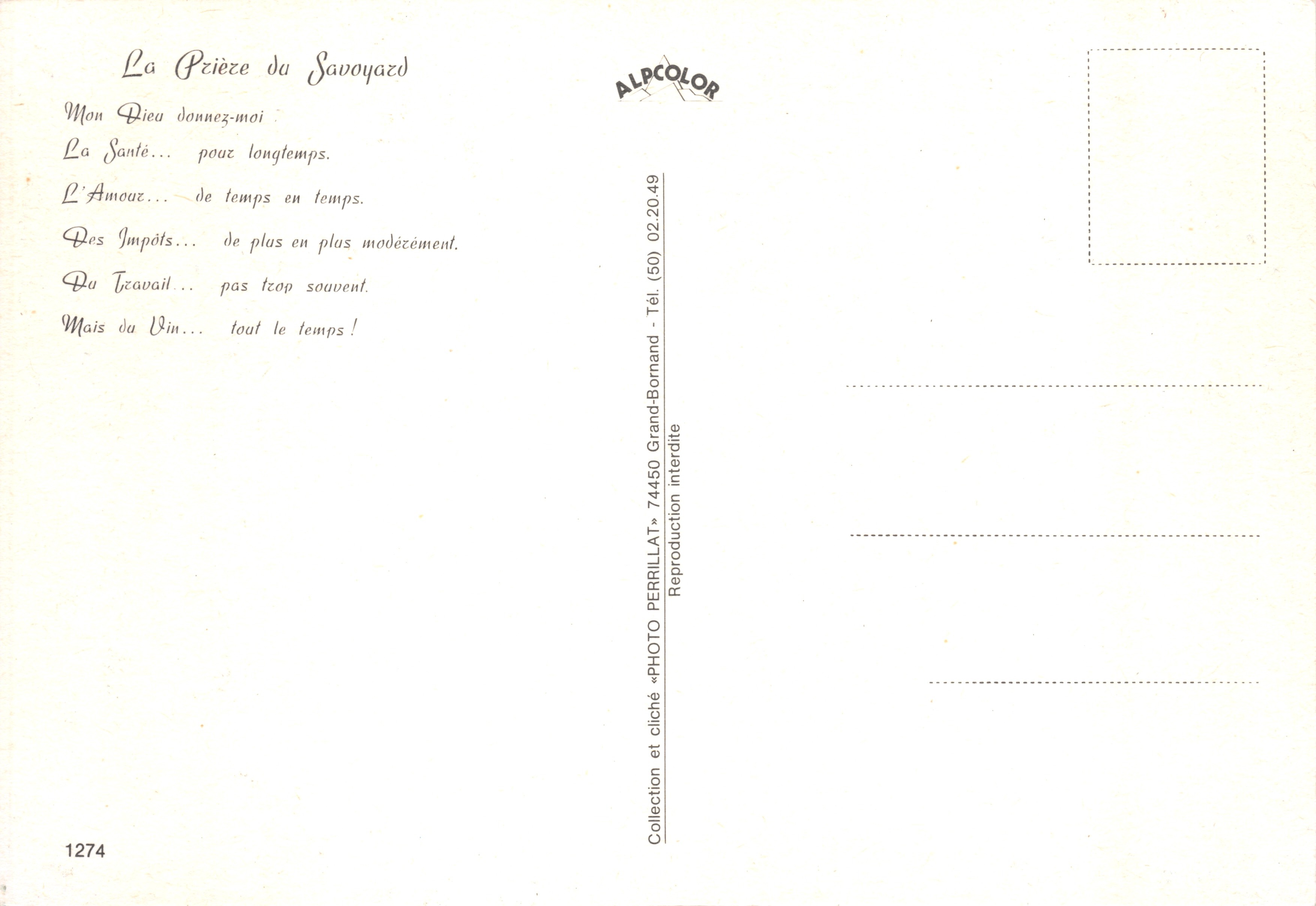 La Prière du Savoyard — scène de village enneigé avec deux skieurs — éditeur PERRILLAT — Rückseite