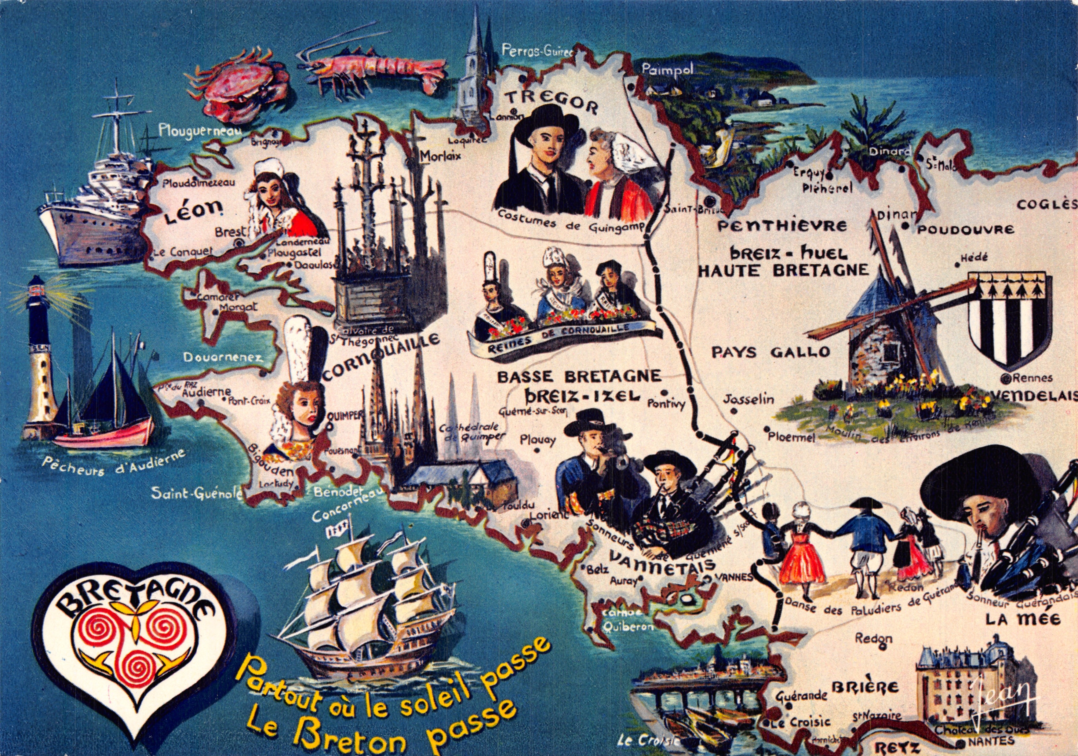 Bretagne — geïllustreerde ansichtkaart met kaarten en regionale klederdracht — Éditions Jean