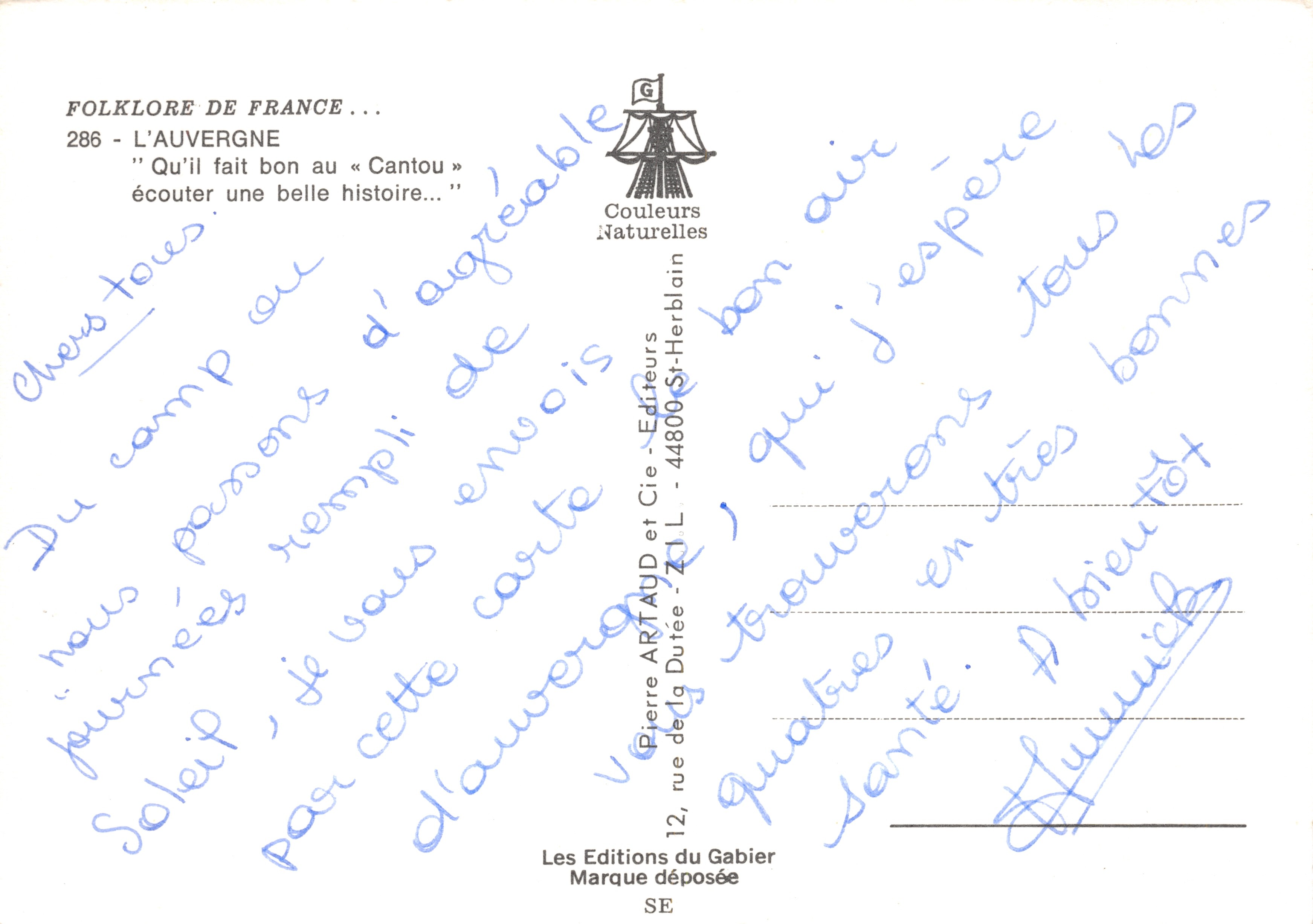 Folklore francés — L'Auvergne — escena de cuento junto al fuego — editor Les Éditions du Gabier — Reverso
