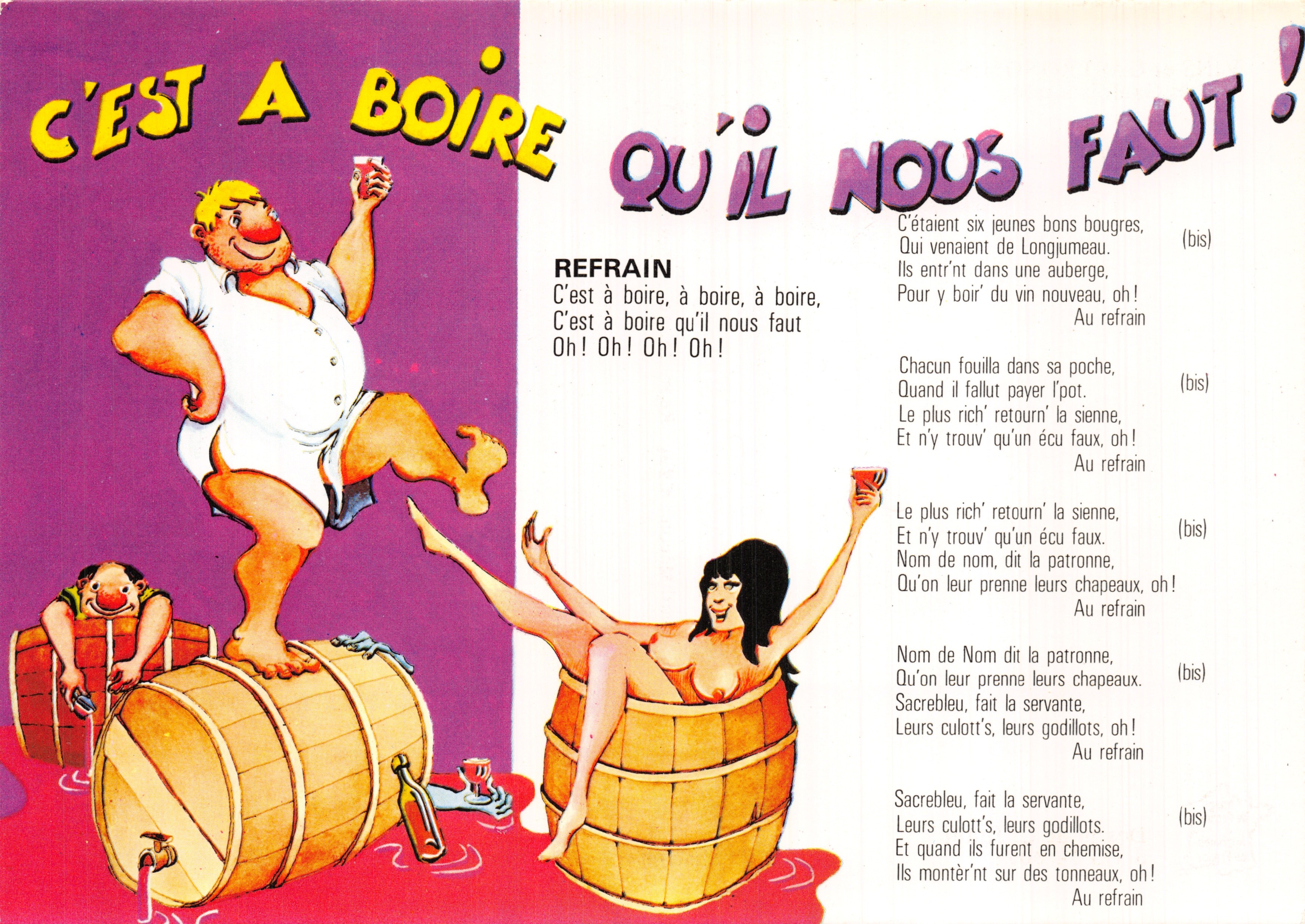 C'est à boire qu'il nous faut ! — scène de buvette avec personnages caricaturaux — dessin de G. Jullin, éditeur Combier Imprimeur Mâcon