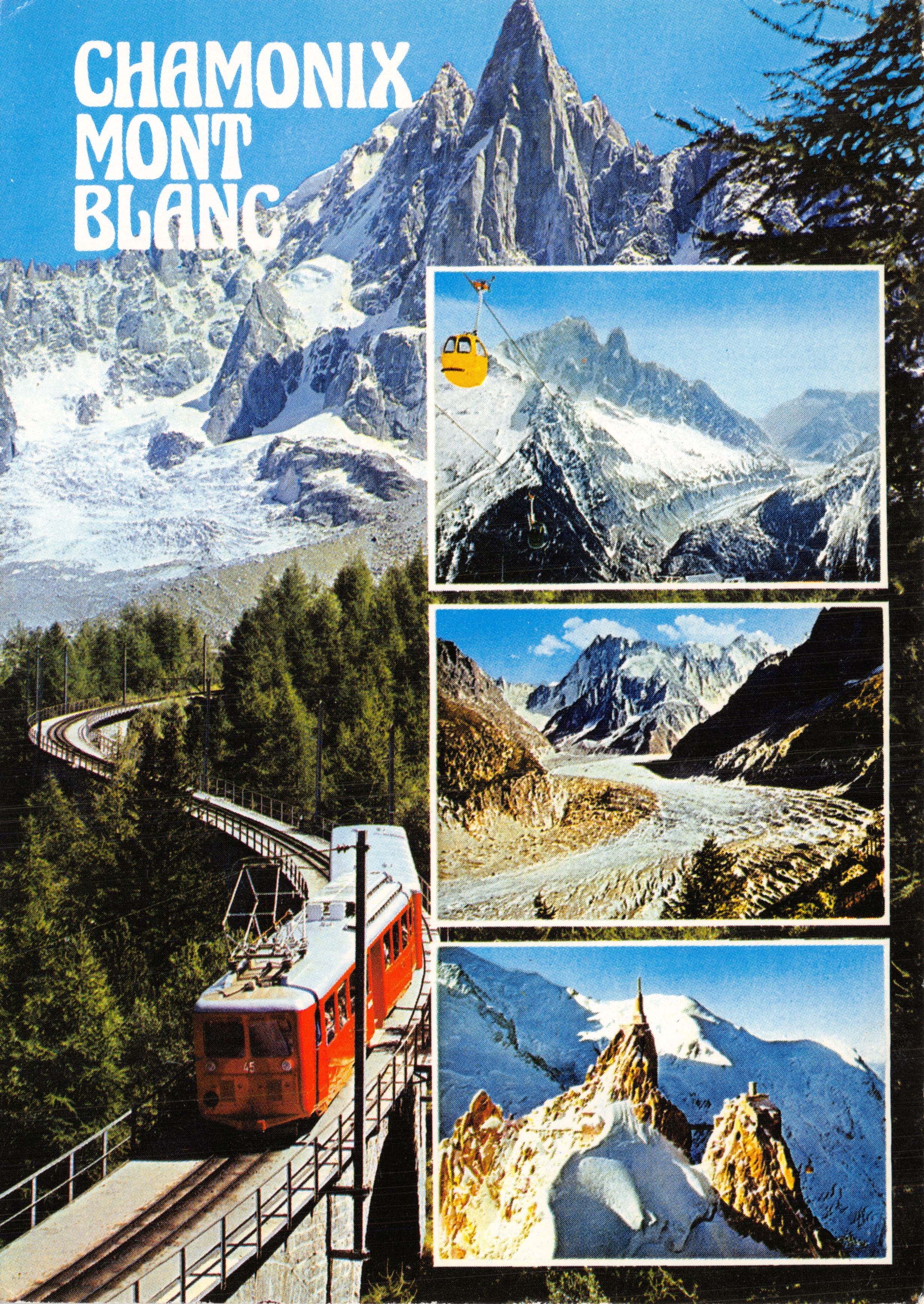 Chamonix Mont Blanc — panoramische uitzicht met trein en gletsjer — uitgever Cimicroma, n° C 74056 005.0918