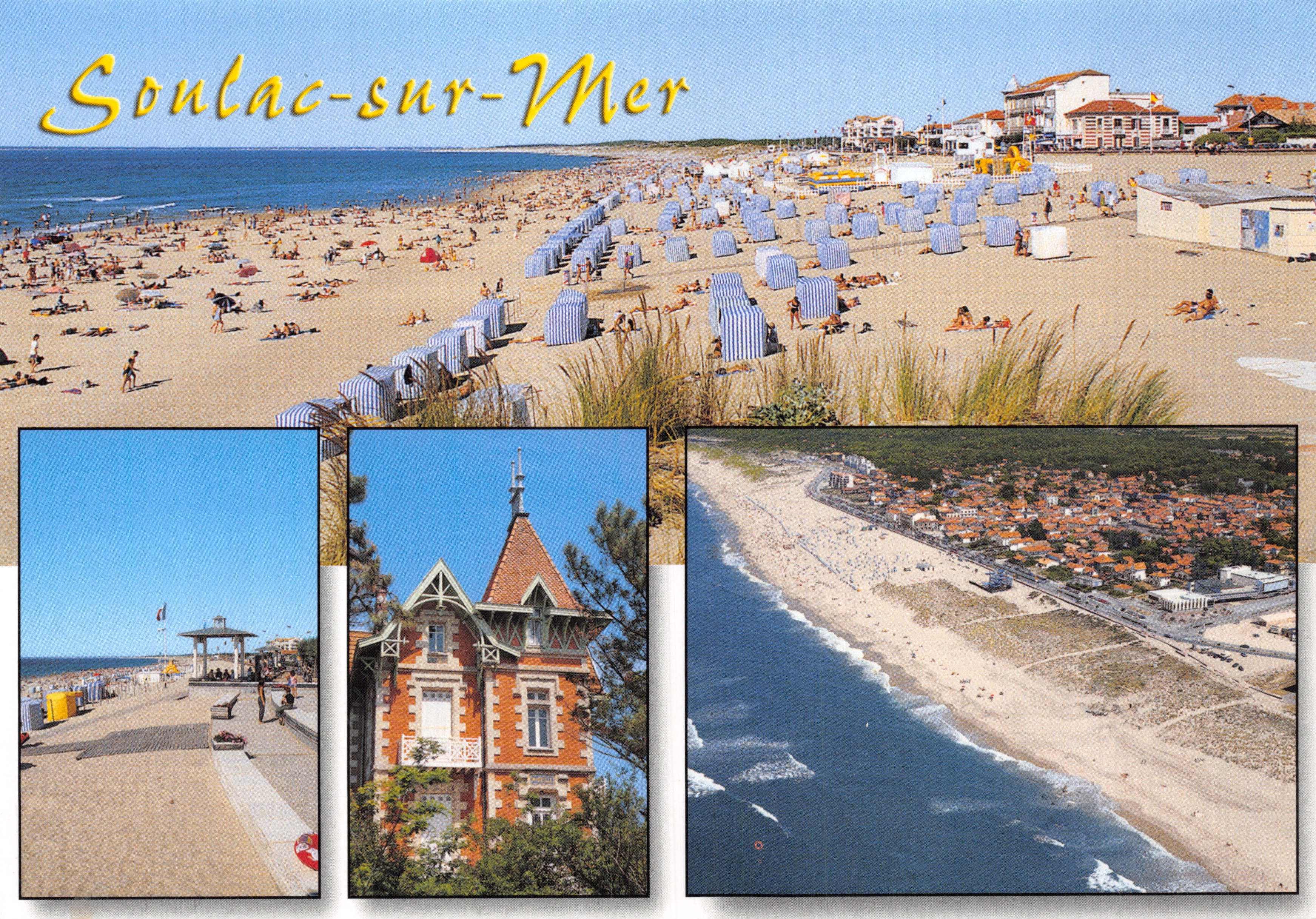 Soulac-sur-Mer — vista panorámica de la playa con cabañas azules y tres viñetas (edificio, paseo, vista aérea) — editor ARTAUD Frères