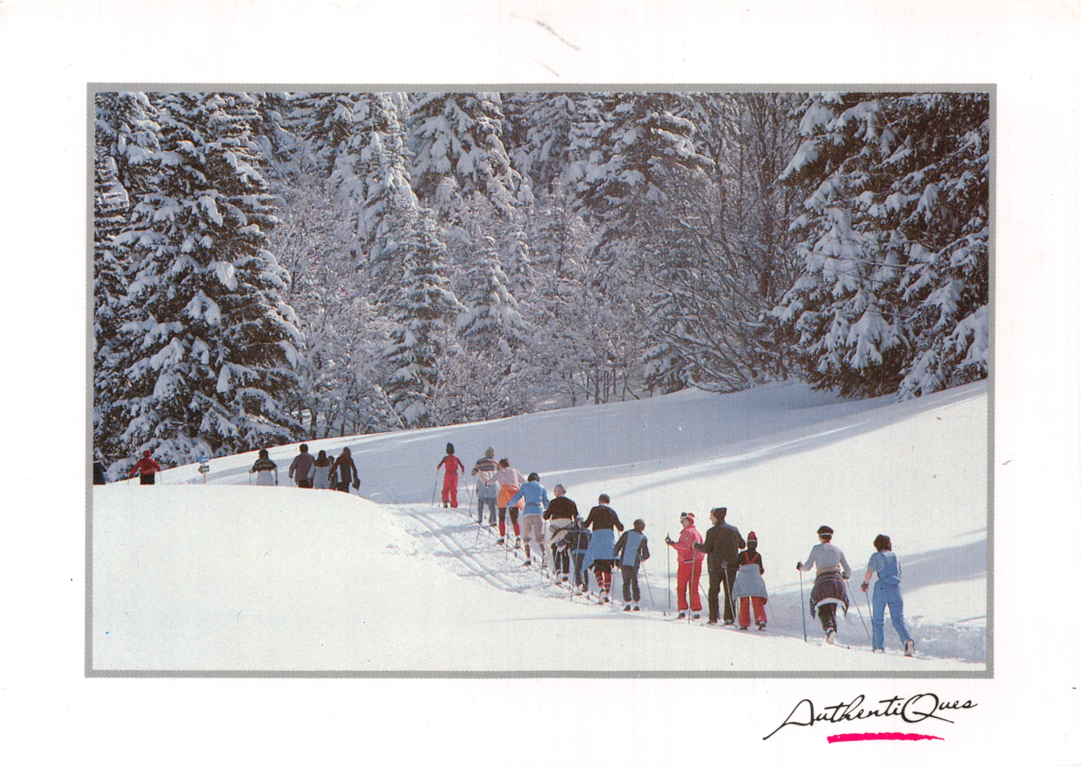 Skieurs en montagne — groupe descendant une pente enneigée — Authentiqués