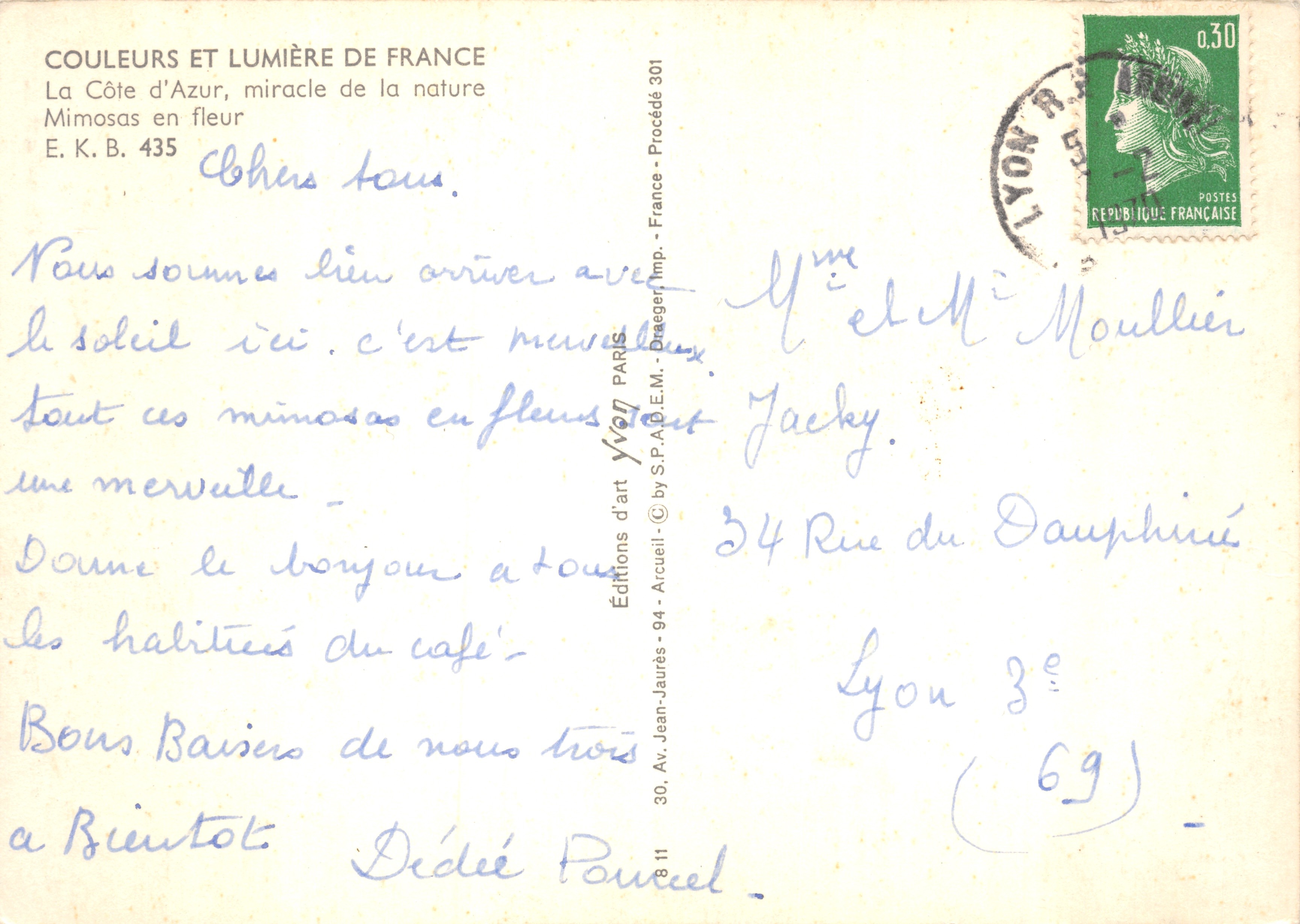 Mimosas en flor — La Costa Azul, editor E.K.B. 435 — Reverso