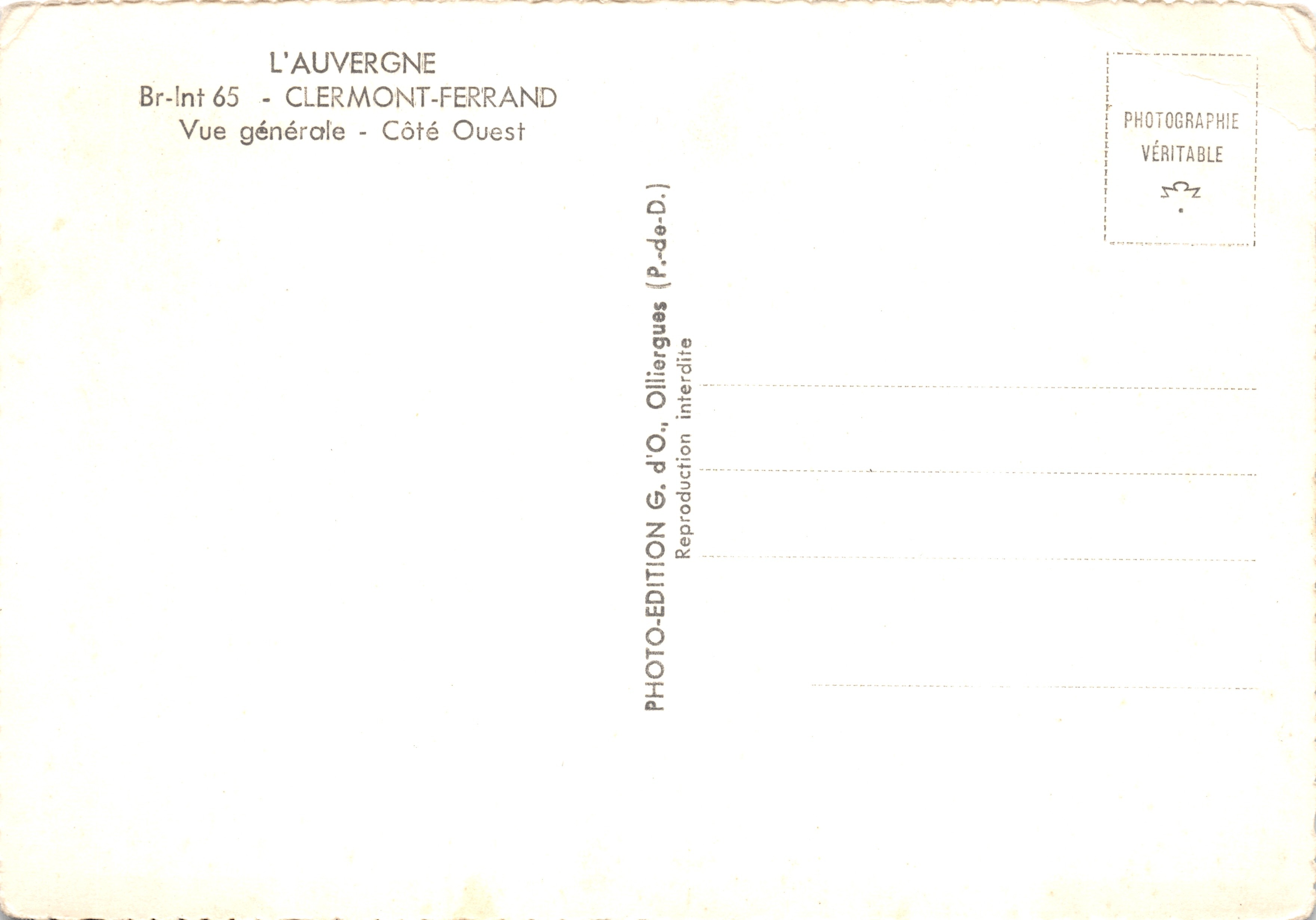 Clermont-Ferrand — vista general desde el oeste con catedral — L'Auvergne, Br-Int 65 — Reverso