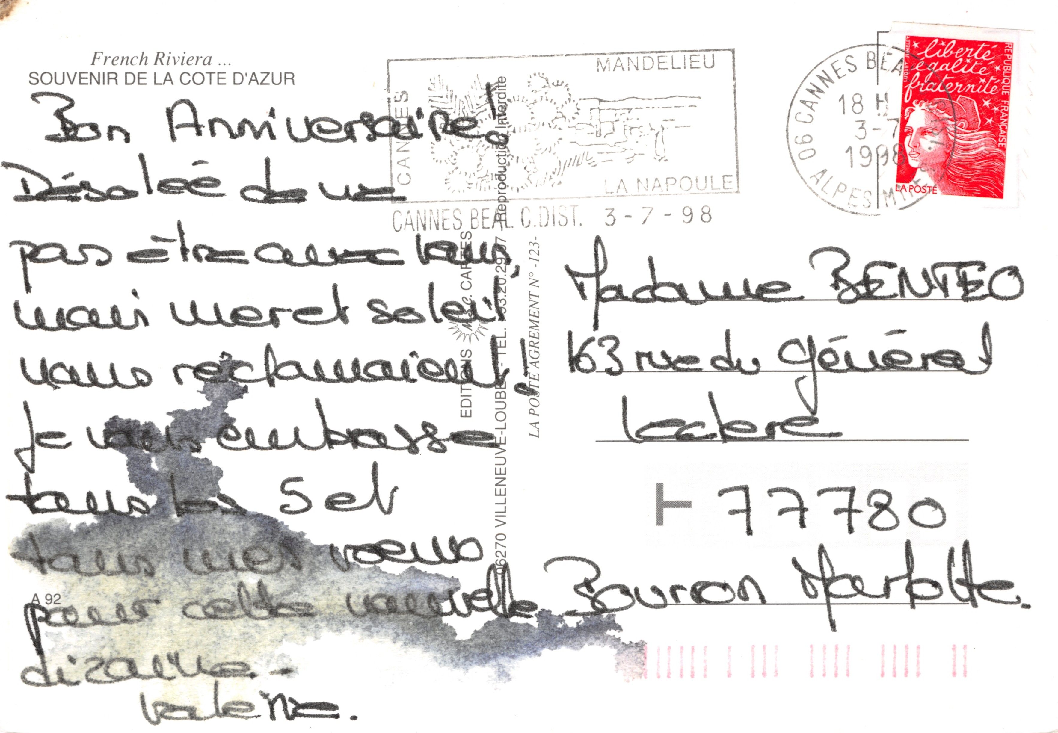 Côte d'azur — maison en pierre avec jardins — Éditions La Poste Agrement N°123 — Achterkant