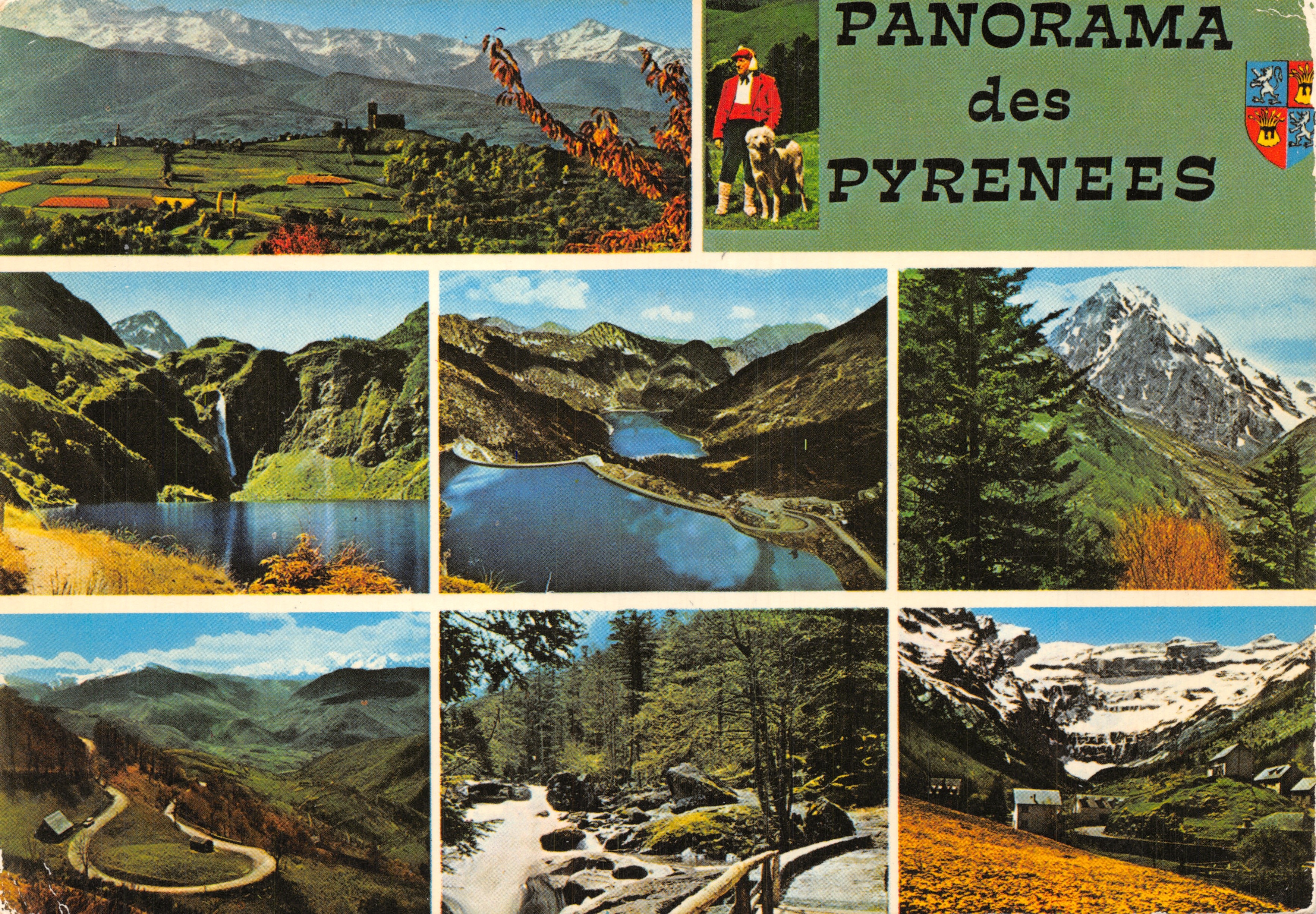 Panorama van de Pyreneeën — panoramische weergave met een hond en een man in rood kostuum — Éditions Théodéac, n° 65.408