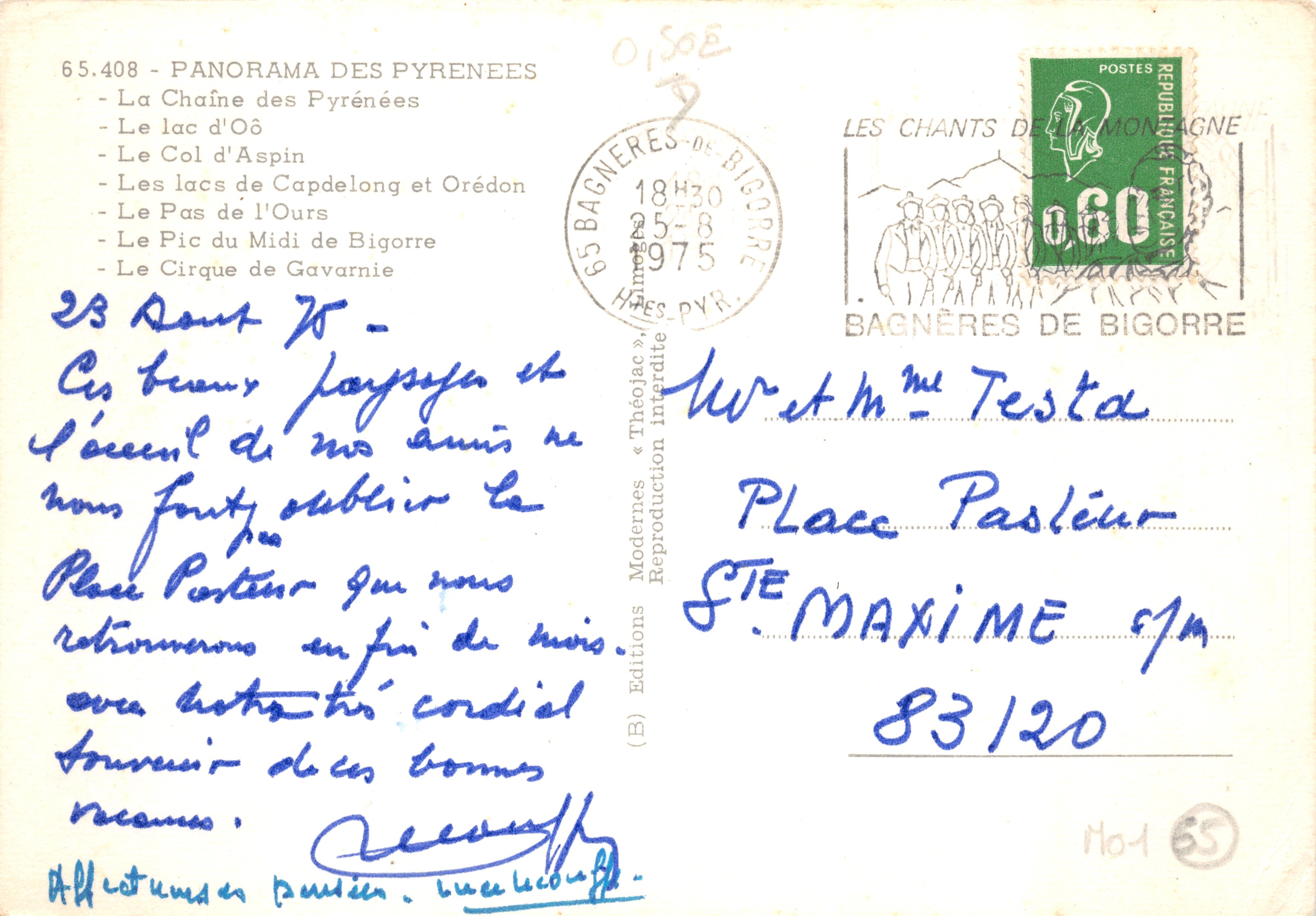 Panorama van de Pyreneeën — panoramische weergave met een hond en een man in rood kostuum — Éditions Théodéac, n° 65.408 — Achterkant