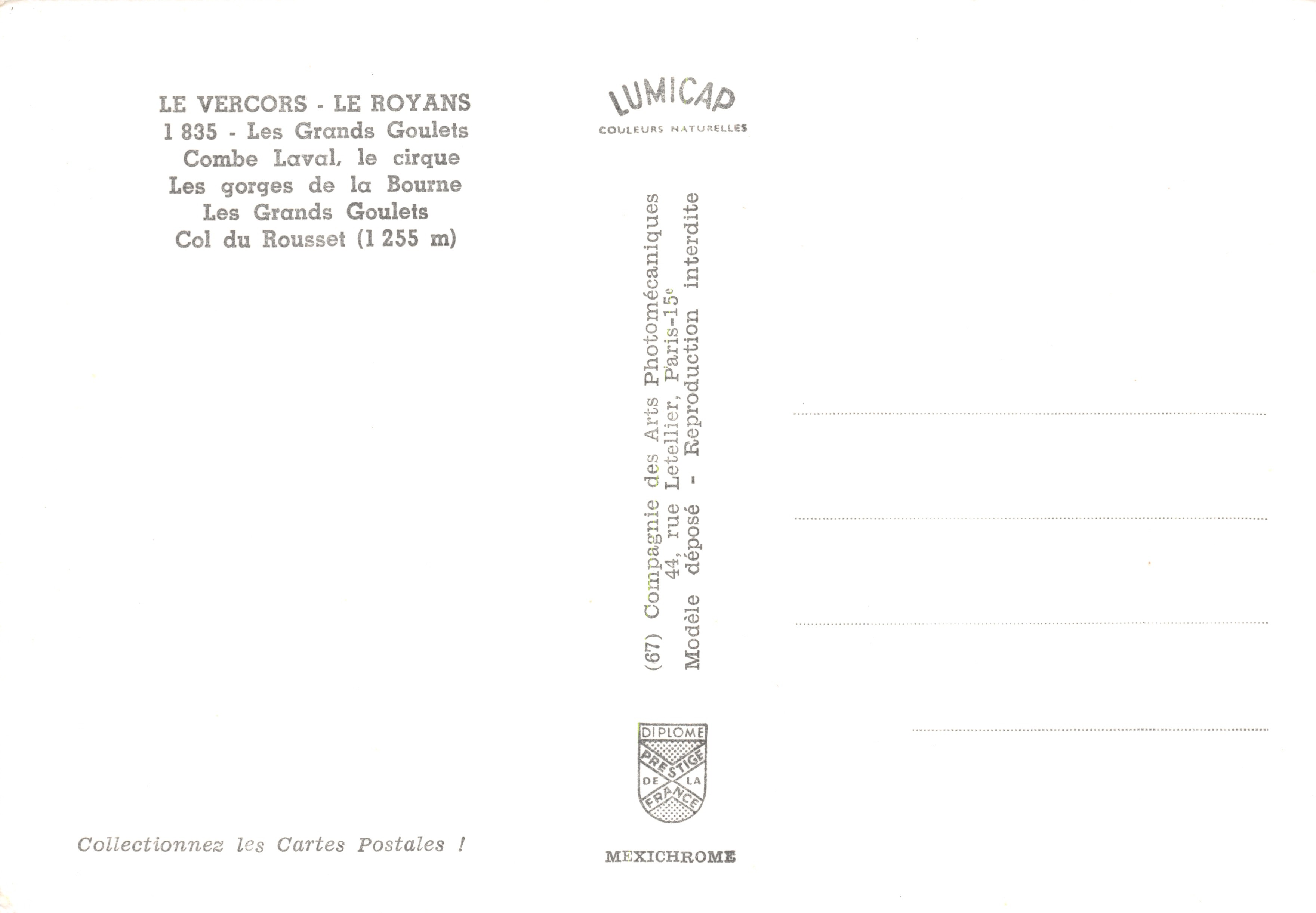 El Vercors — Las gargantas de la Bourne, Los Grands Goulets, Col du Rousset — editor LUMICAP — Reverso