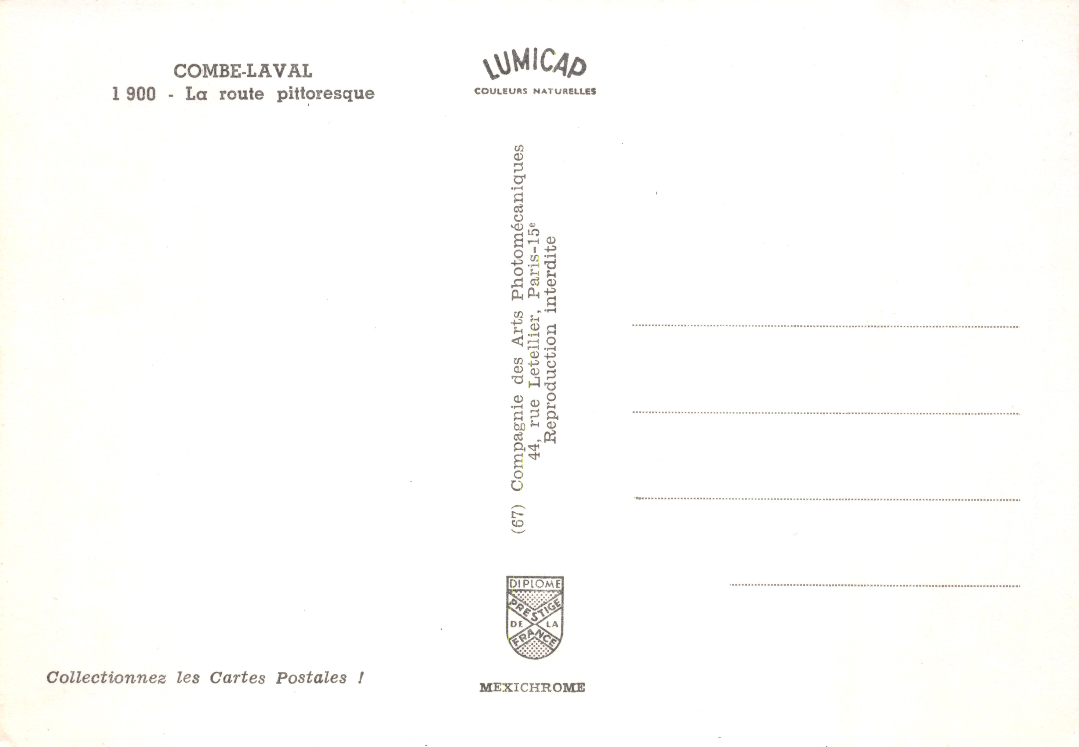 Combe-Laval — La route pittoresque — éditeur LUMICAP, n° (67) — Verso