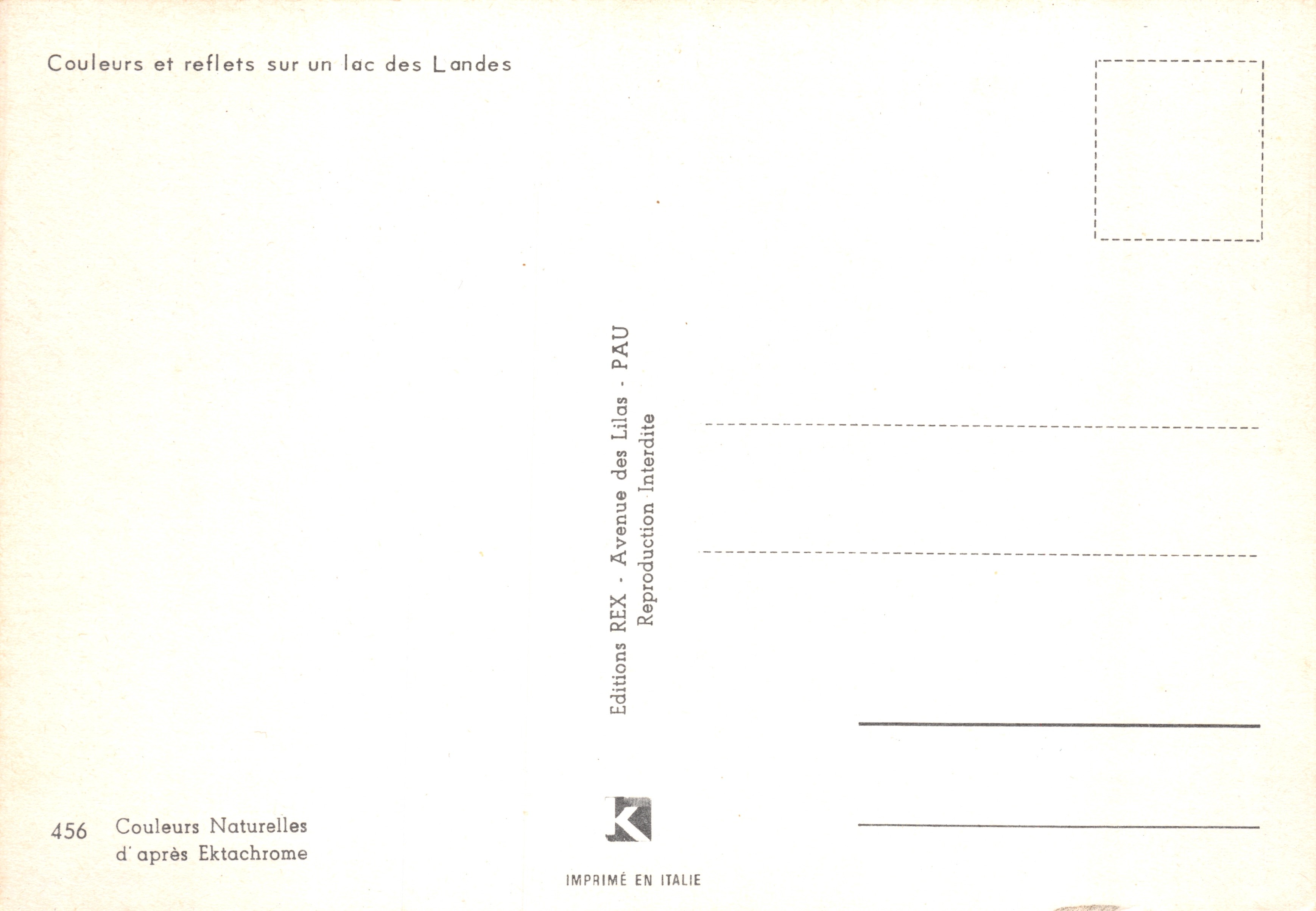 Coulours et reflets sur un lac des Landes — scène de coucher de soleil avec reflets — éditeur Editions REX, n° 456 — Back