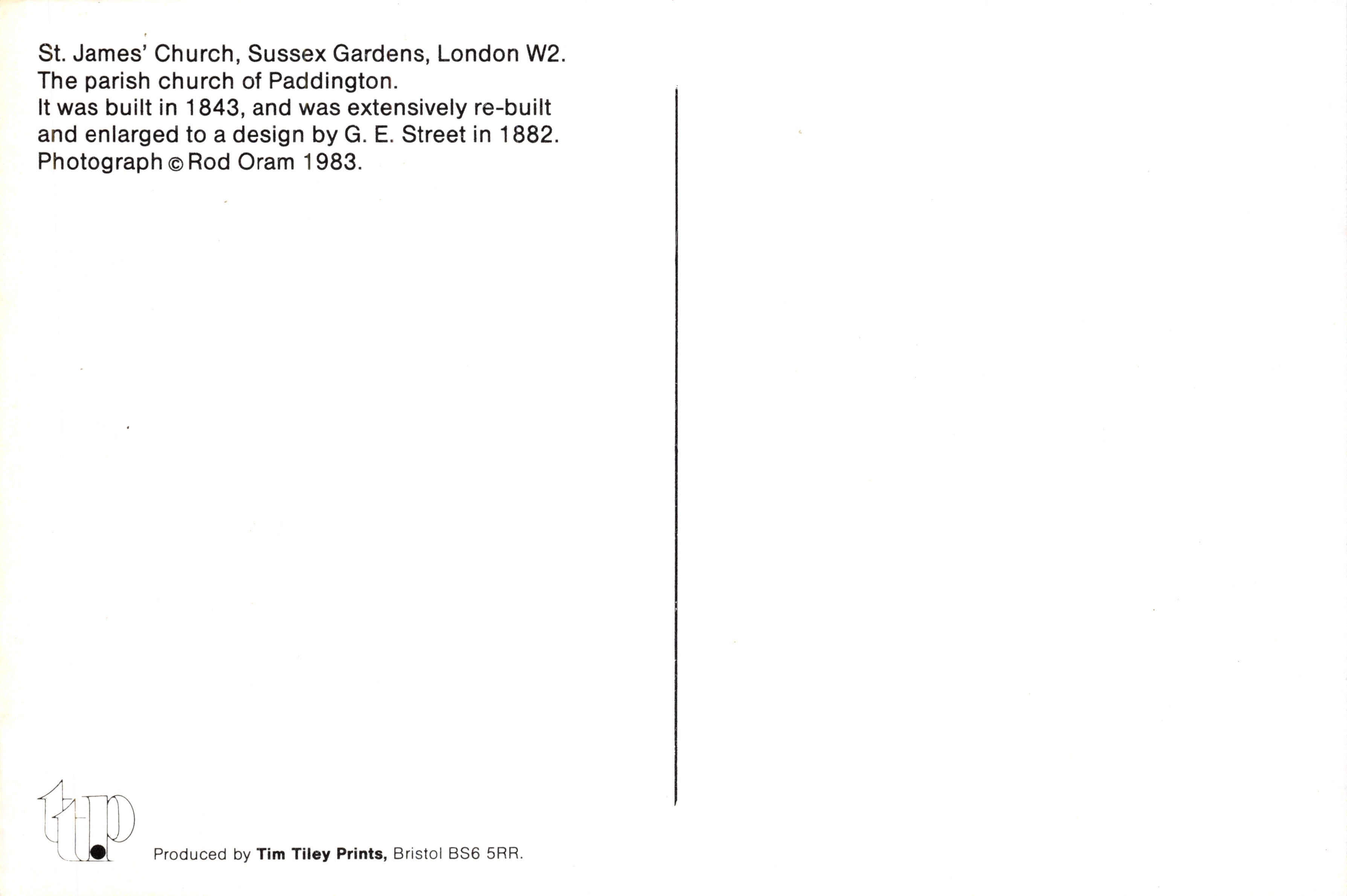 Chiesa di St. James, Sussex Gardens — editore Tim Tiley Prints, Bristol BS6 5RR — Verso