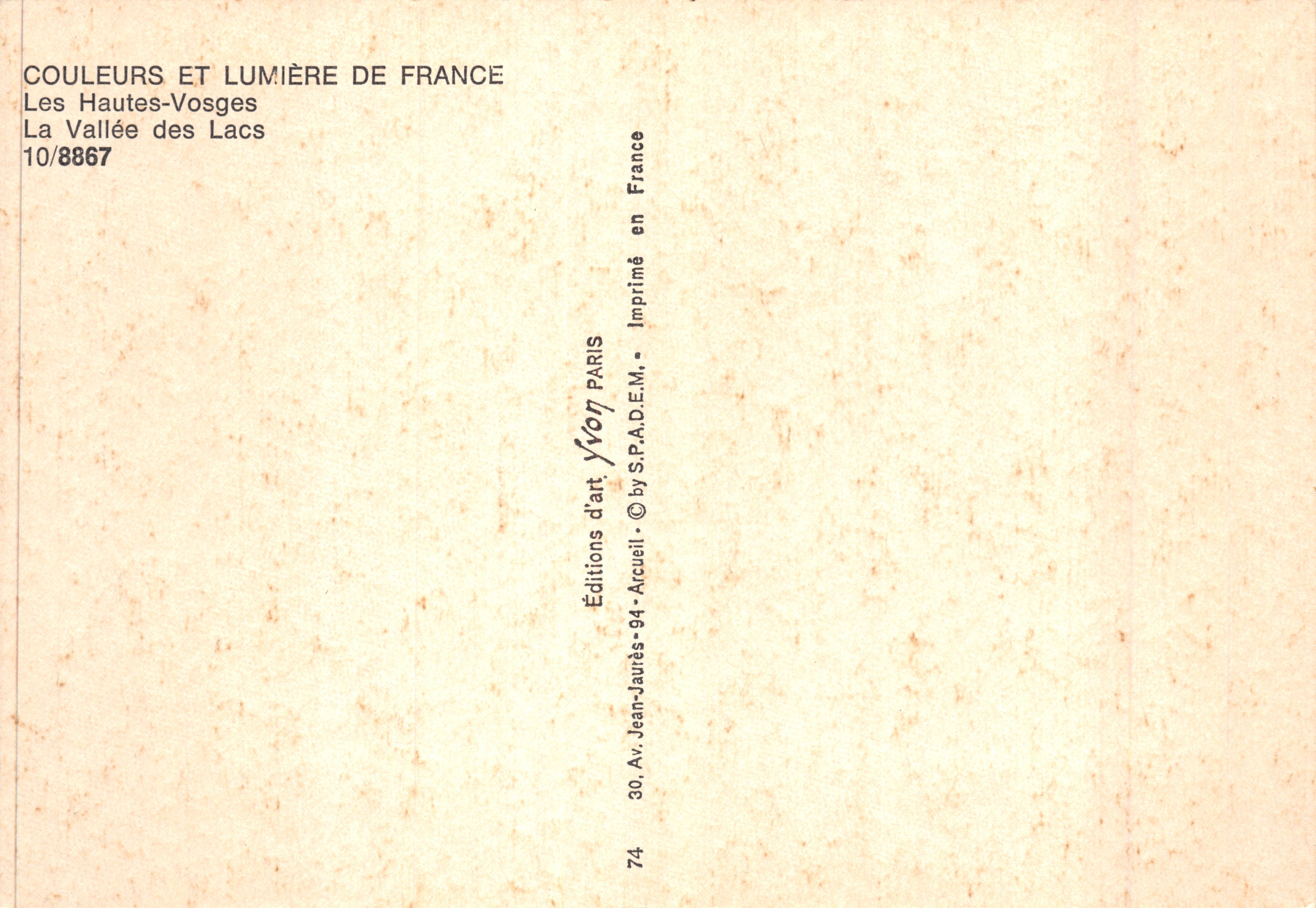Les Hautes-Vosges — La Vallée des Lacs — éditeur Yvon, n° 10/8867 — Verso