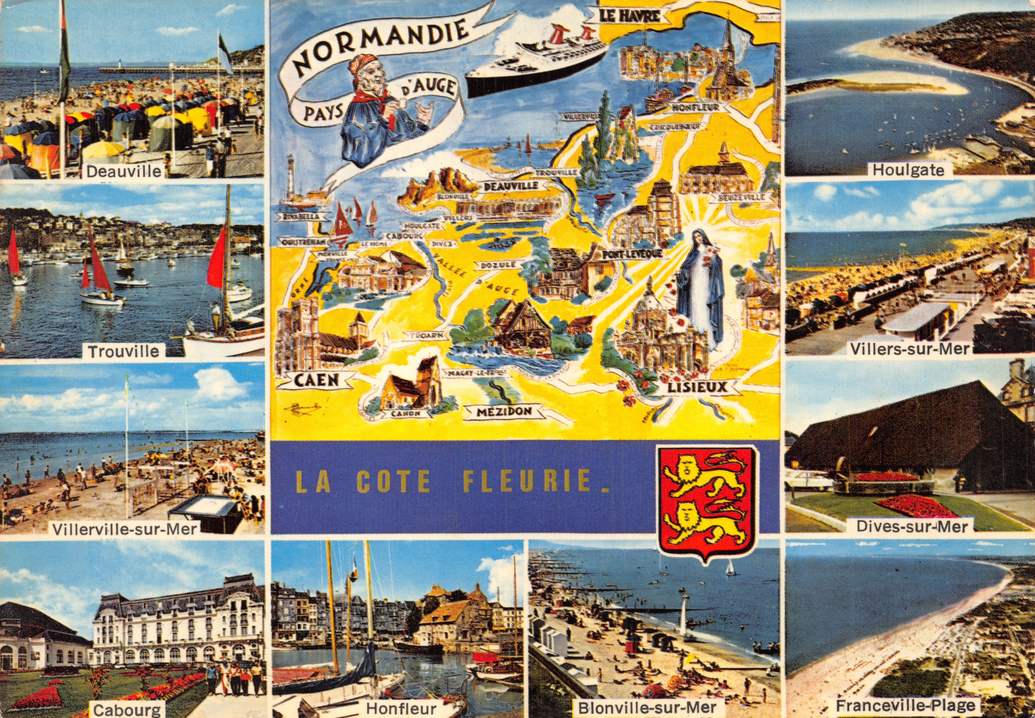 Normandía — tarjeta postal ilustrada con vista de Deauville, Trouville, Honfleur y otras estaciones — editor ARTAUD Frères - NANTES
