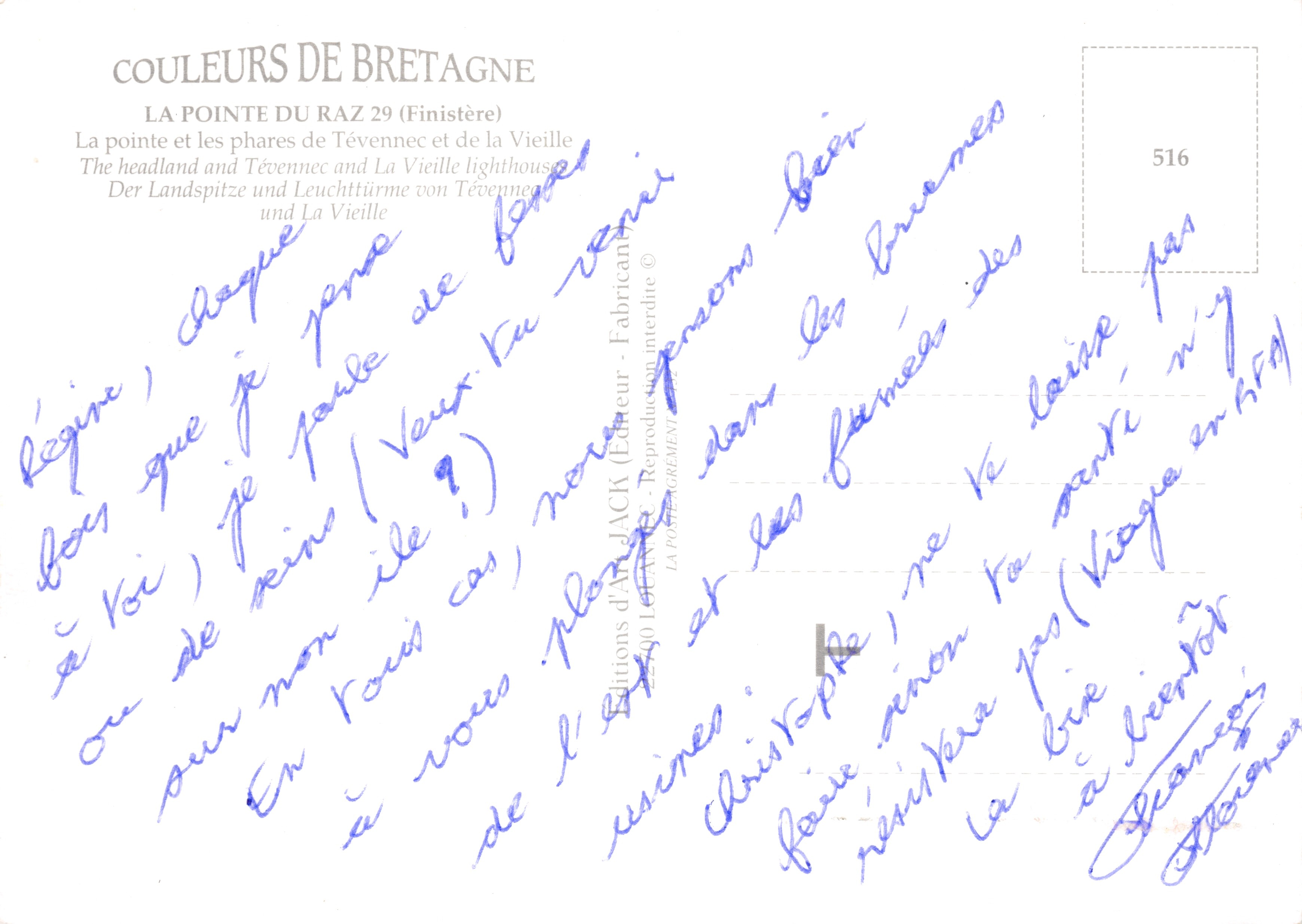 Der Raz de Sein — luftige Ansicht der Pointe du Raz, der Insel Sein und der Leuchttürme von Tévennec und La Vieille — Verlag Éditions d'Art JACQ — Rückseite