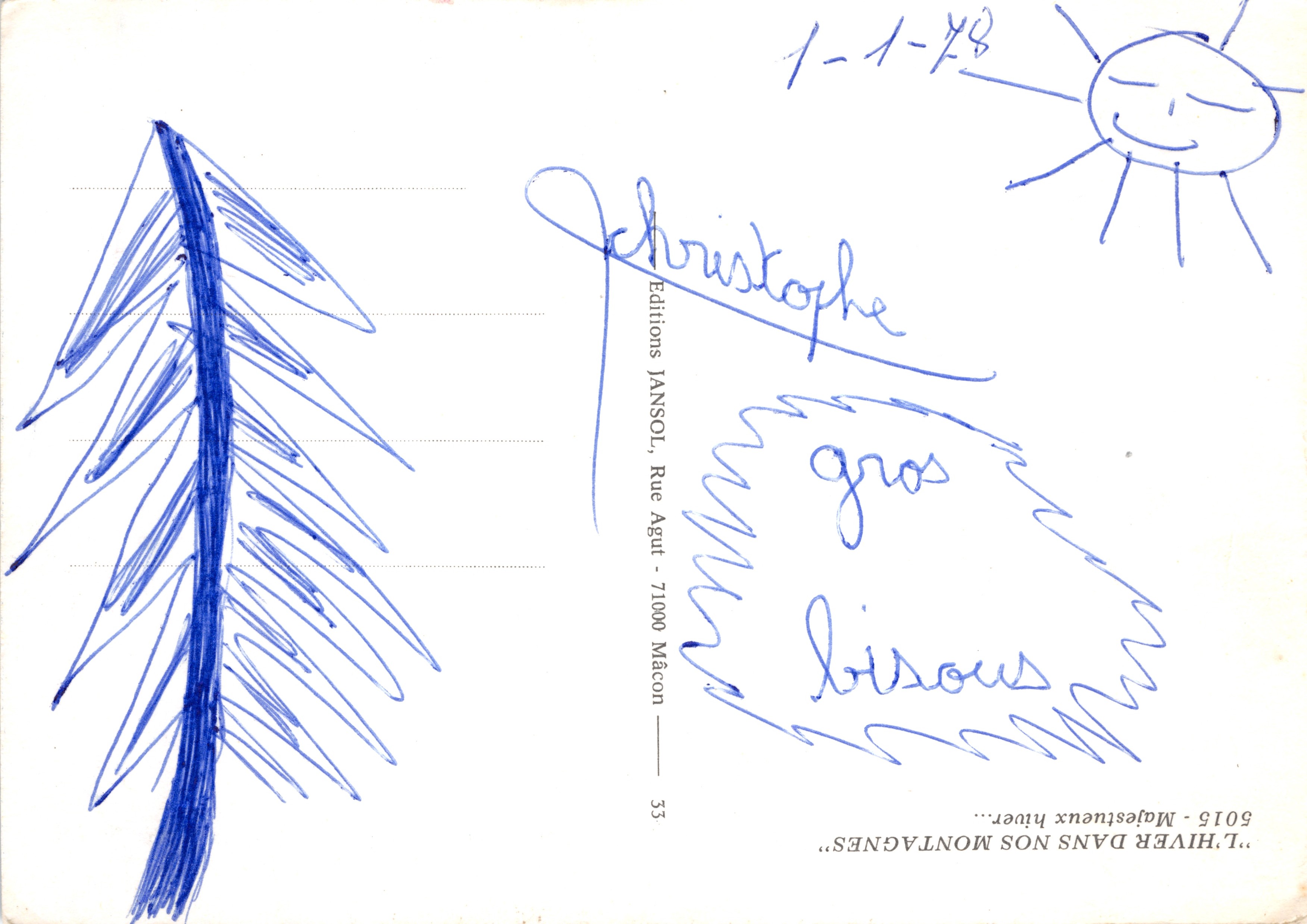 Montagnes enneigées — vue de chalets et forêt — Éditions JANSOL, n°33 — Verso