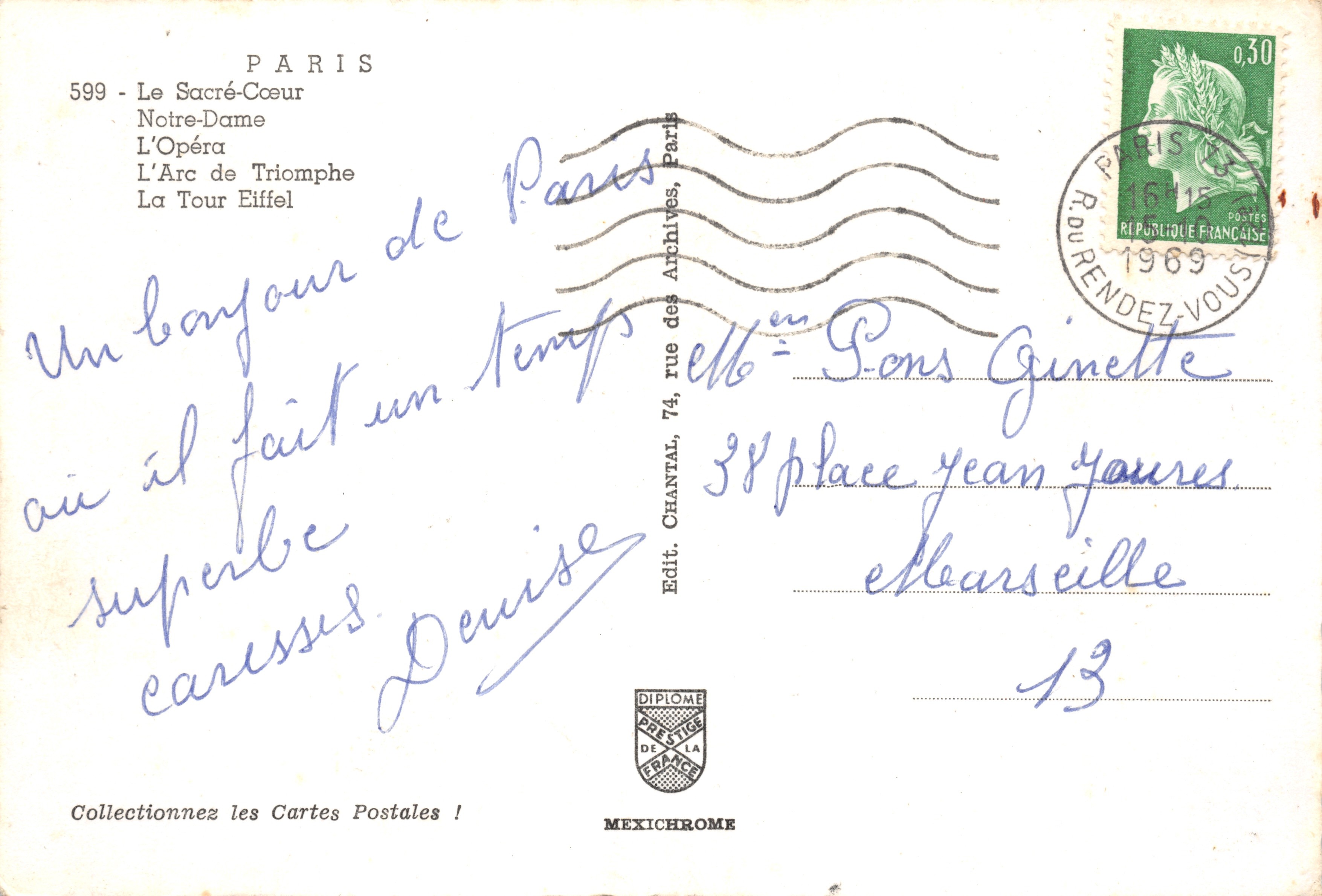 Paris — vue nocturne des monuments — Éditeur MEXICHROME n°599 — Verso