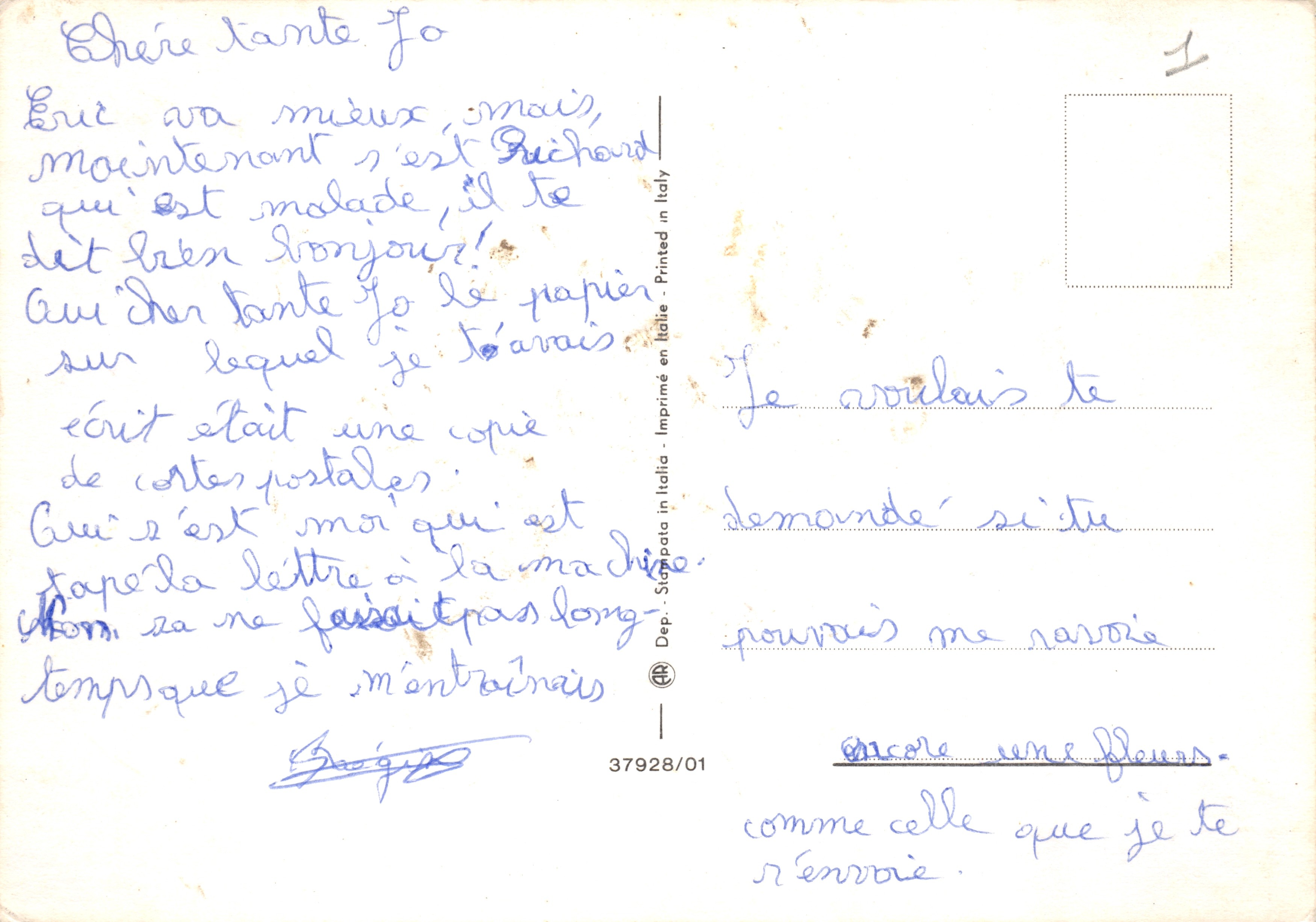 Flores en balcón — casa de madera — editor Dep. Stampada en Italia, n° 37928/01 — Reverso