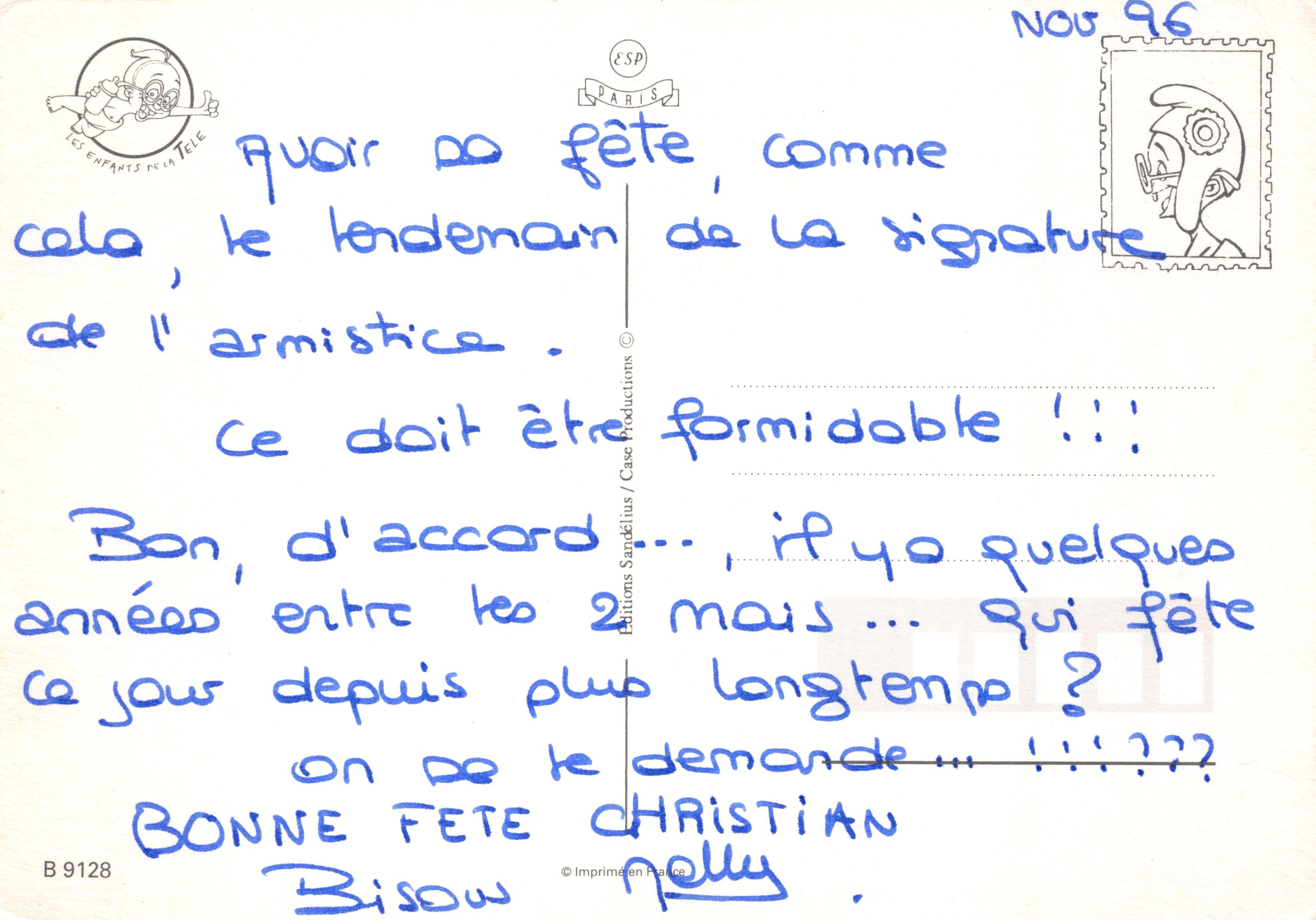 Bambino con gli occhiali — in attesa di una chiamata — disegno di Abouis — Verso
