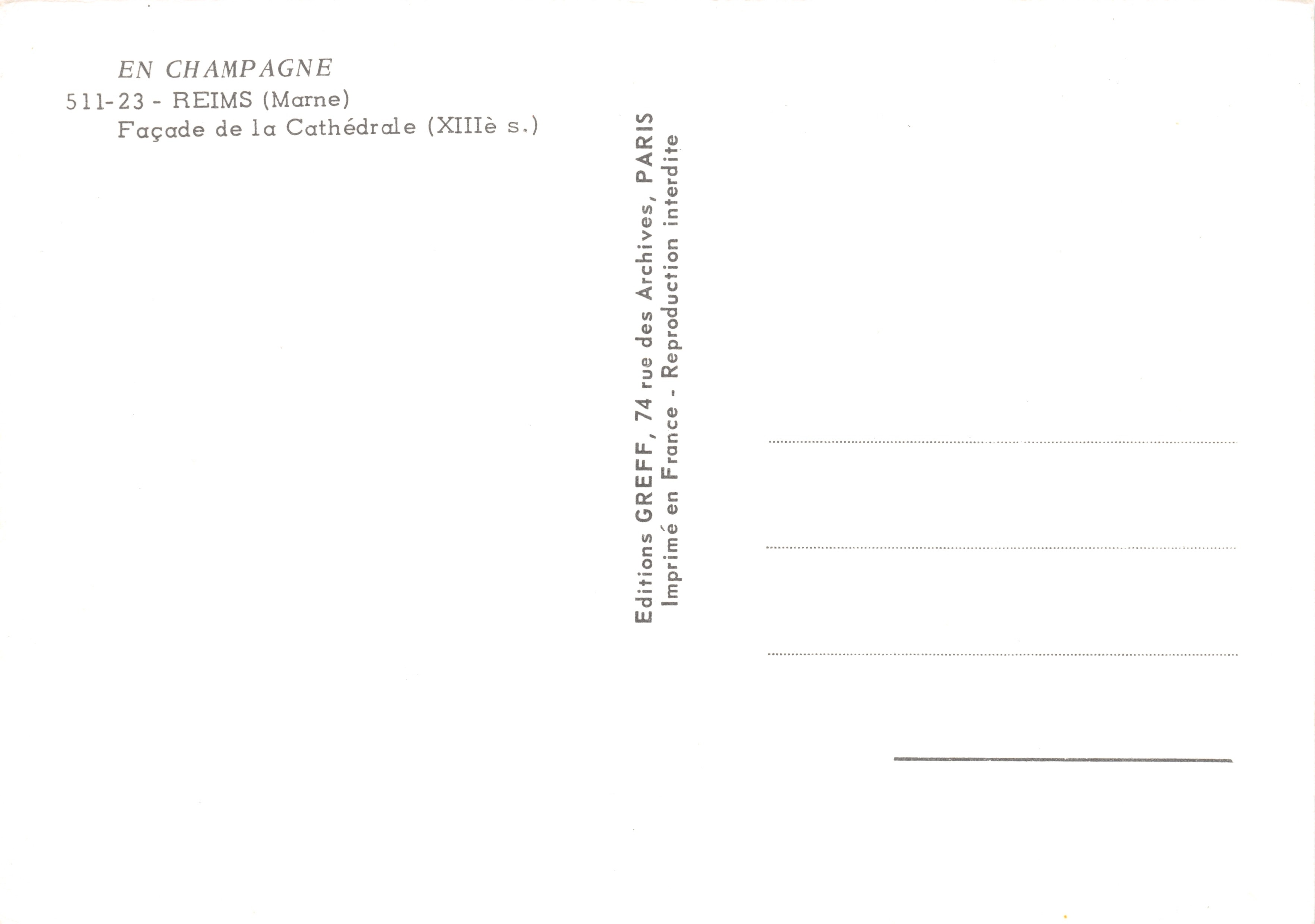 Reims — Facciata della Cattedrale — Editions GREFF — Verso