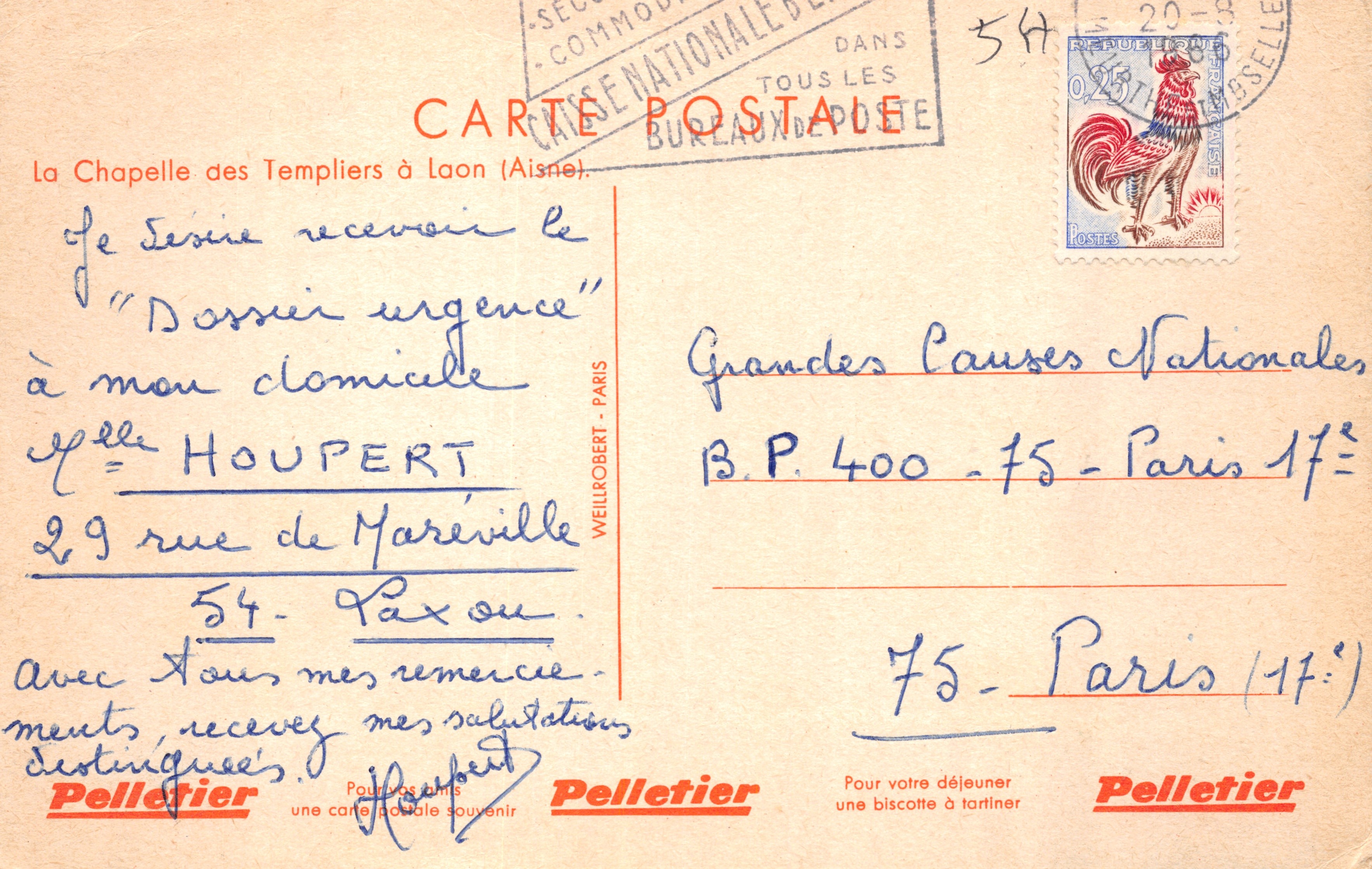 La Chapelle des Templiers à Laon (Aisne) — éditeur Pelletier, série 54 — Back